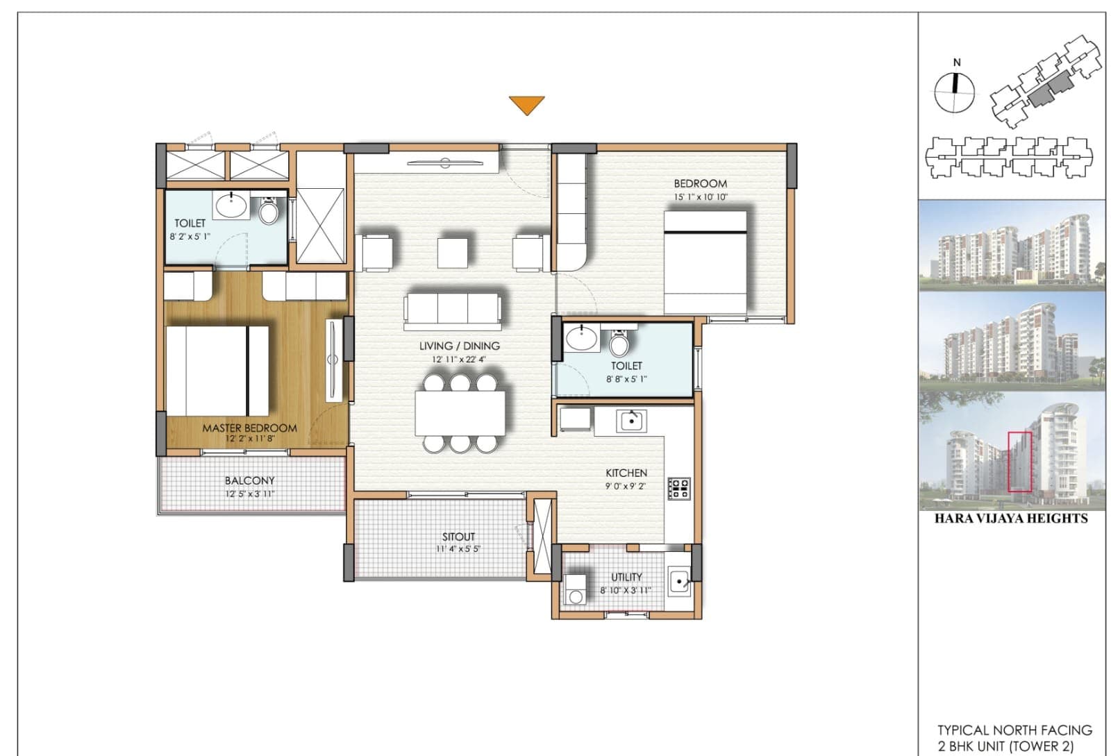 2 BHK typical north facing unit plan: master bedroom, bedroom, living and dining, kitchen, two toilets, balcony, sitout and utility