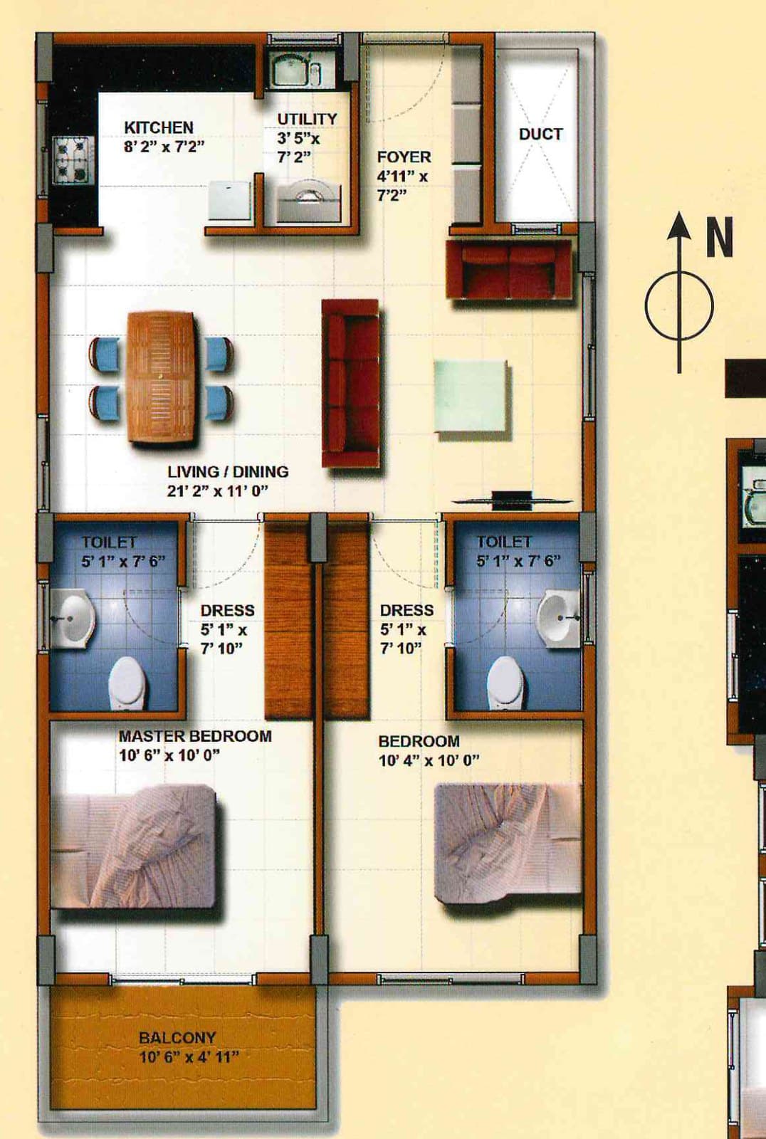 2 BHK typical plan of 1,040 square feet: foyer, kitchen and utility at the top, a living and dining room of 21 by 11 feet, master bedroom and bedroom each with a dress area and toilet, and a balcony off the master bedroom