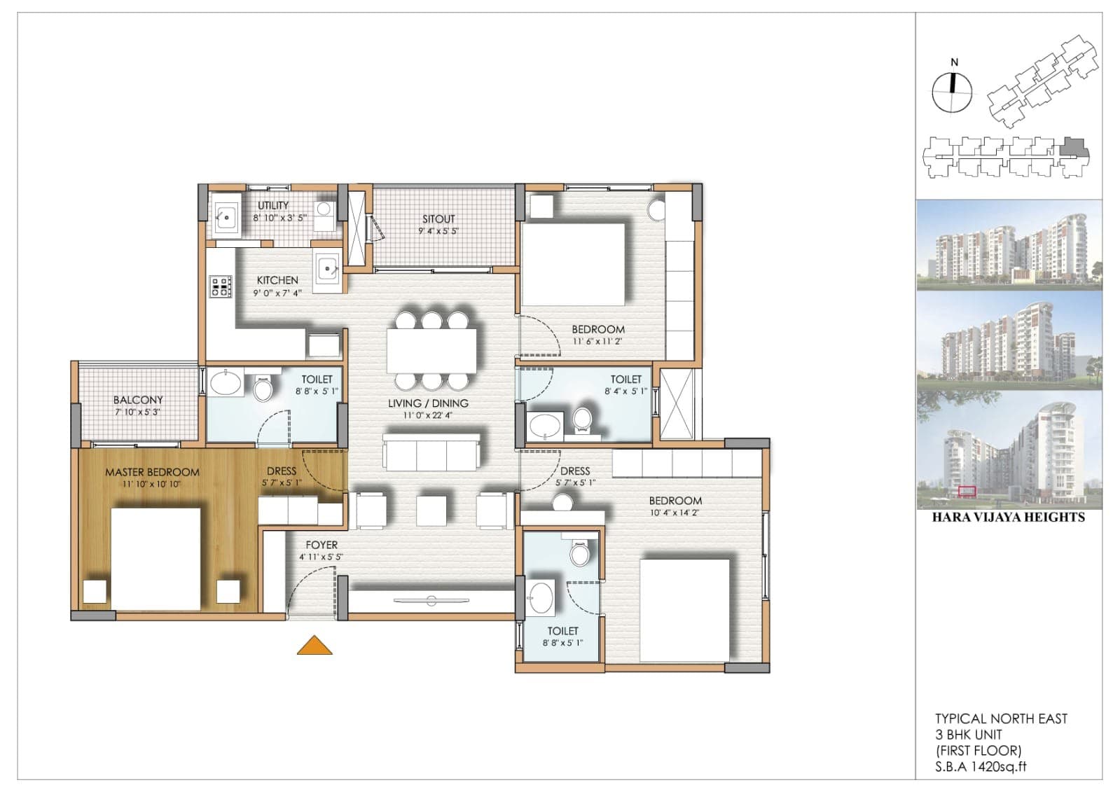 3 BHK typical north east first floor unit plan of 1,420 square feet: master bedroom with dress, two bedrooms, living and dining, kitchen, three toilets, balcony, sitout and utility
