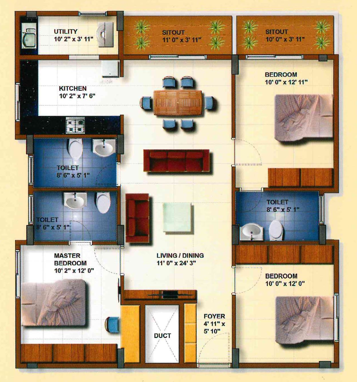 3 BHK typical plan of 1,370 square feet: utility, kitchen and two sitouts along the top, a living and dining room of 11 by 24 feet, master bedroom and two bedrooms, three toilets and a foyer by the duct