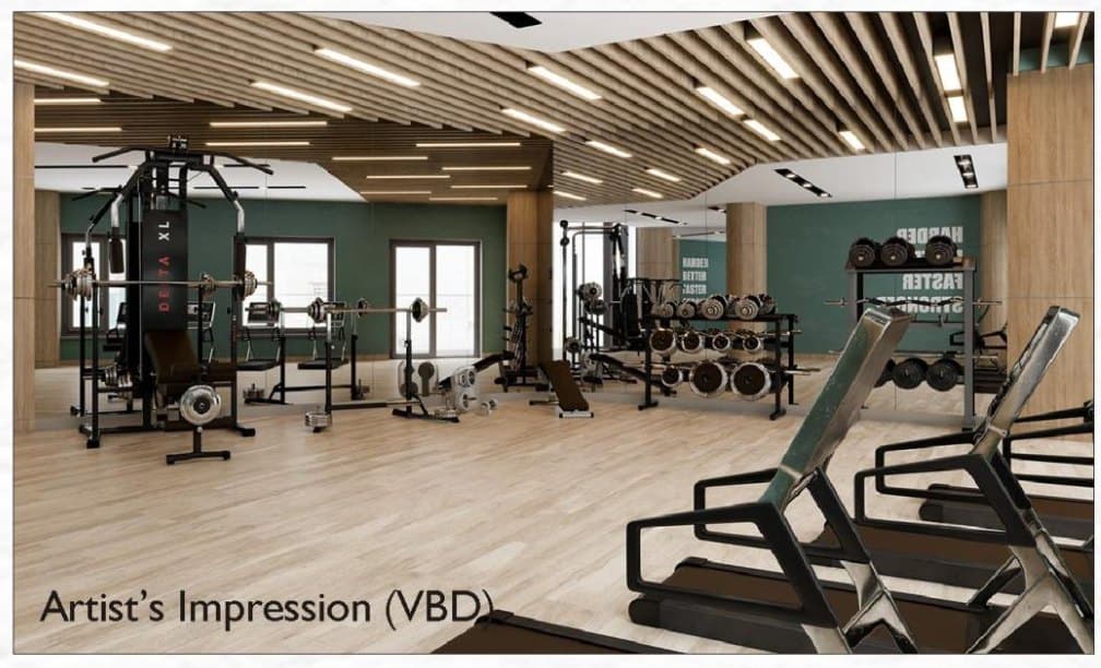 The gym, first view: a multi-station machine and racks of free weights under a slatted timber ceiling