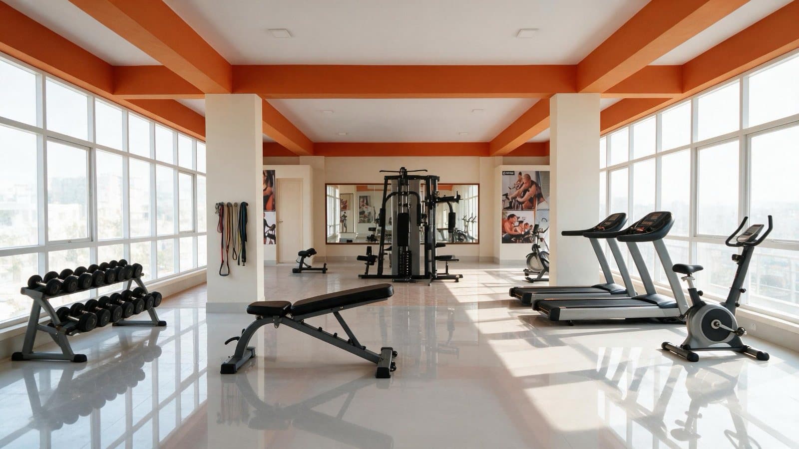 The gymnasium, glazed on two sides, with free weights, benches and cardio machines