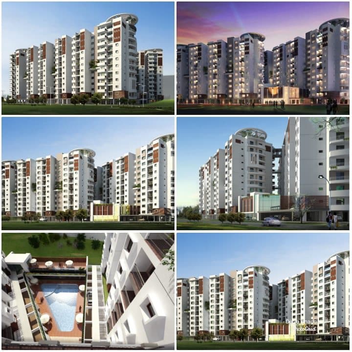 Six views of the development: elevations by day and night, the entrance, and the pool courtyard