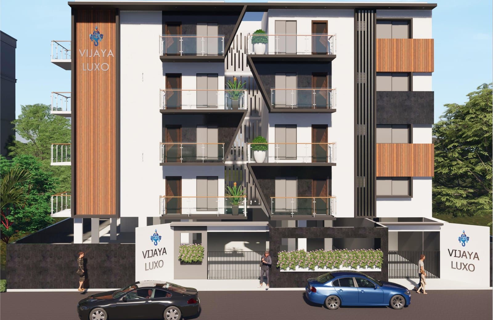 The street elevation by day: white render, timber-clad panels and black stone, glass-railed balconies and the planted compound wall