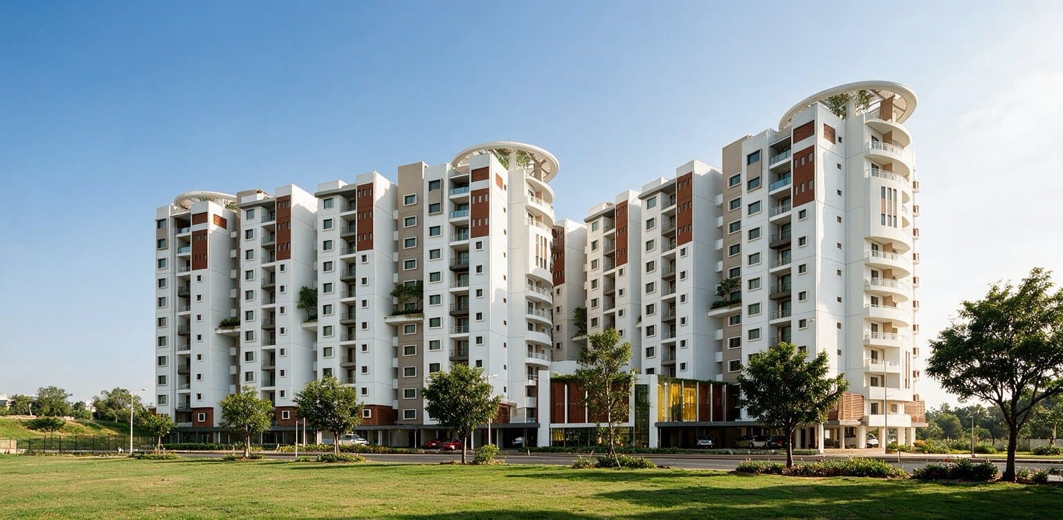 The full frontage of Hara Vijaya Heights seen across the lawn on a clear day
