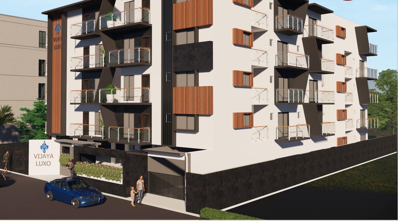 The block from the corner, showing both street faces and the balconies stepping along the side elevation