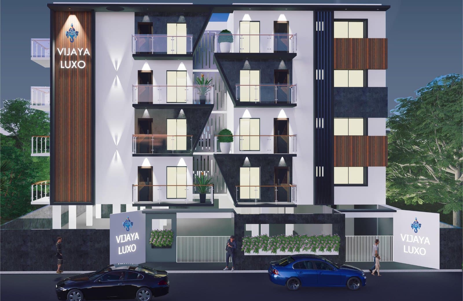 The block at night with every window lit and the name on the timber fin
