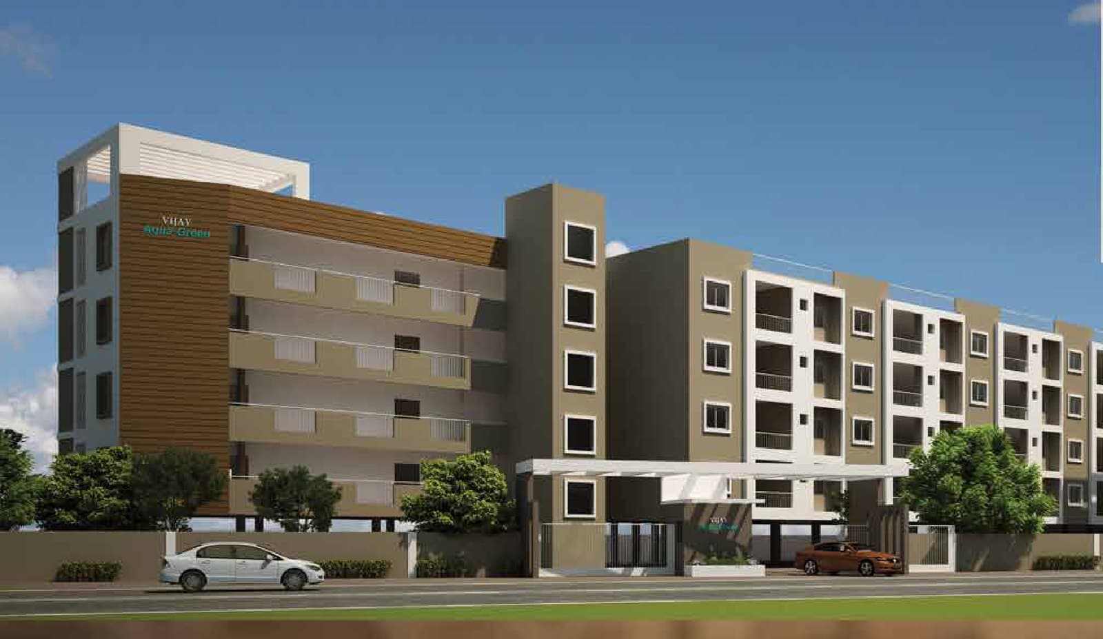 Architectural view of the blocks along the road, the entrance gate and the planted verge in front