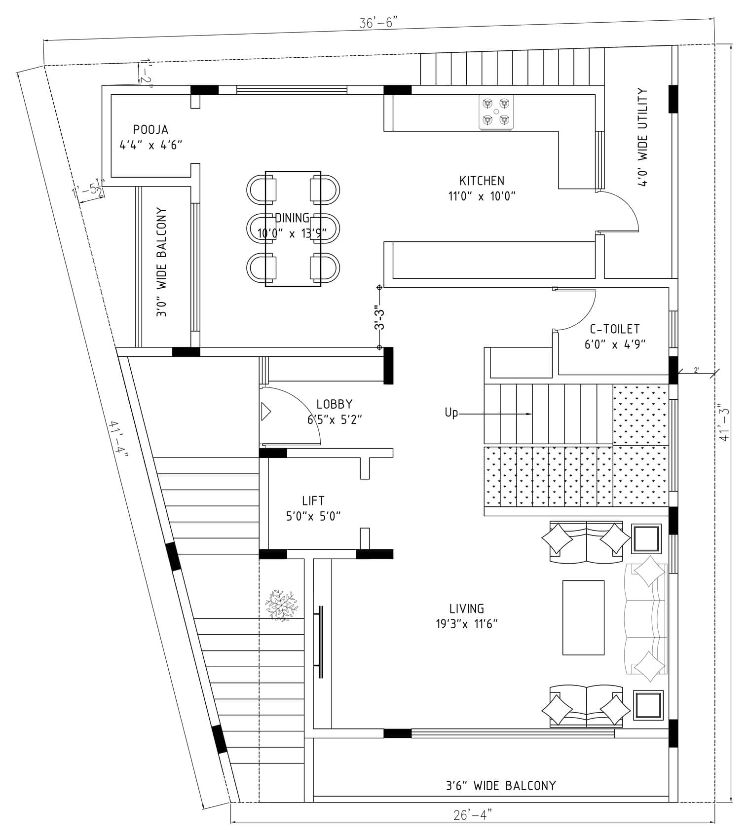 First floor plan: living room and balcony across the front, dining and pooja with a side balcony, and the kitchen and utility at the rear