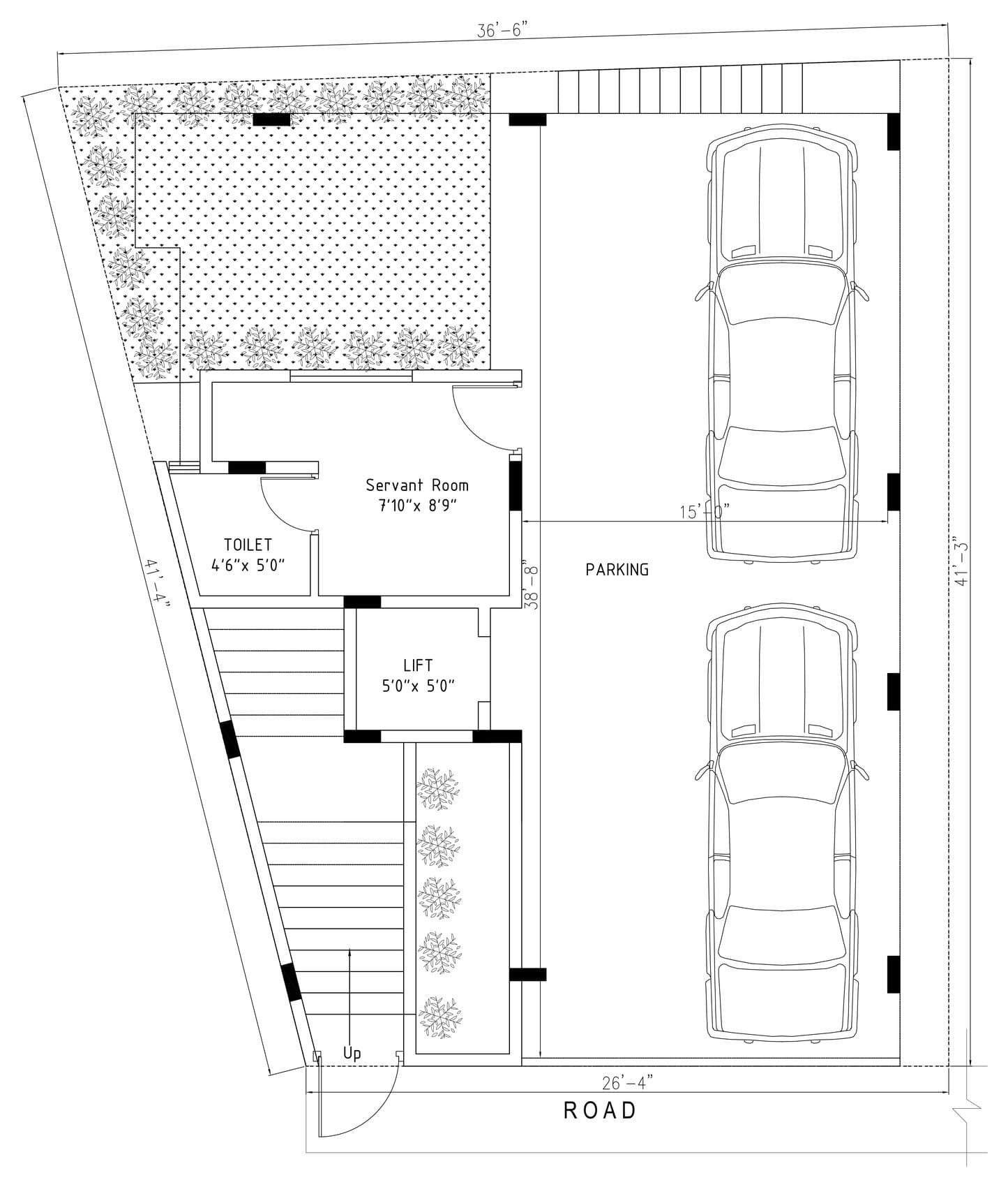 Ground floor plan of Villa Opia: two cars parked side by side off the road on the right, a servant room and toilet on the left, the lift and stair between them with a planter beside the entrance, and a garden filling the rear of the plot