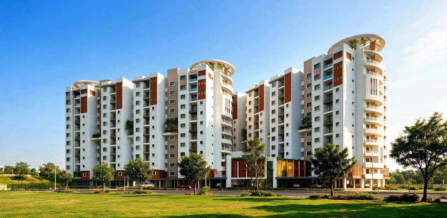 Hara Vijaya Heights seen from the landscaped frontage, its towers stepping back behind mature trees