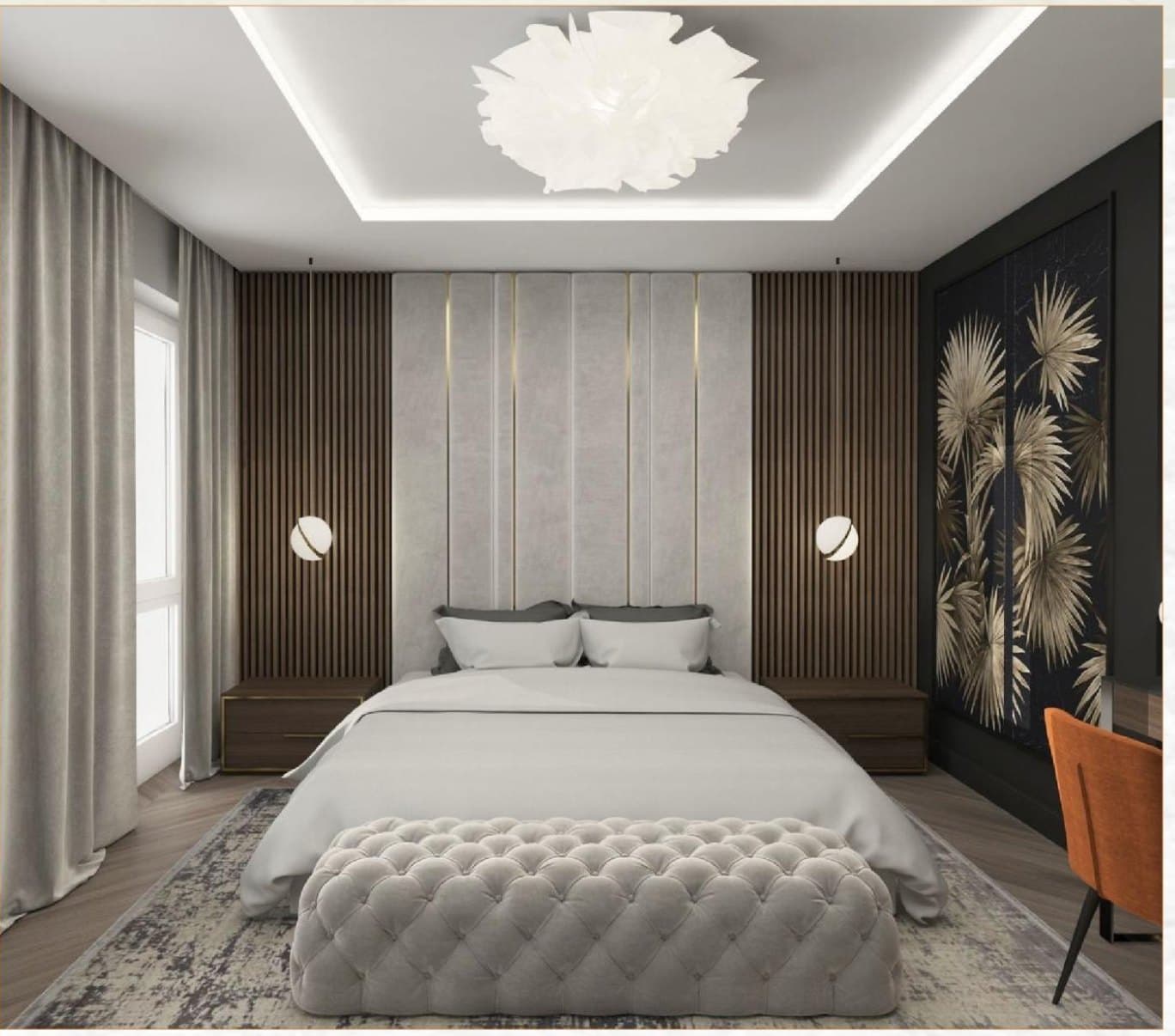 A master bedroom with a fluted headboard wall, a tufted bench and a coffered ceiling