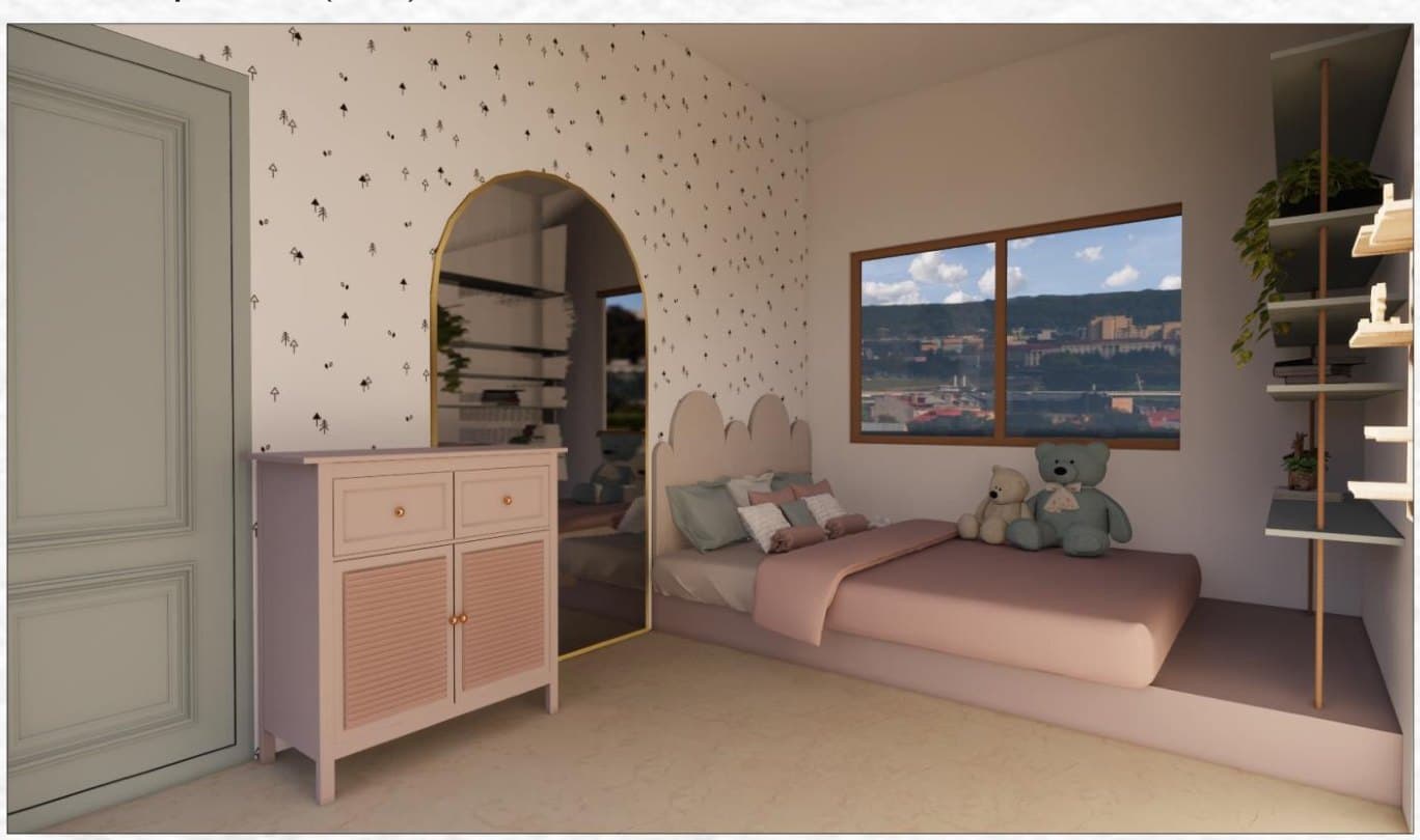 A children's room with an arched bed niche, a pink chest of drawers and a window over the city