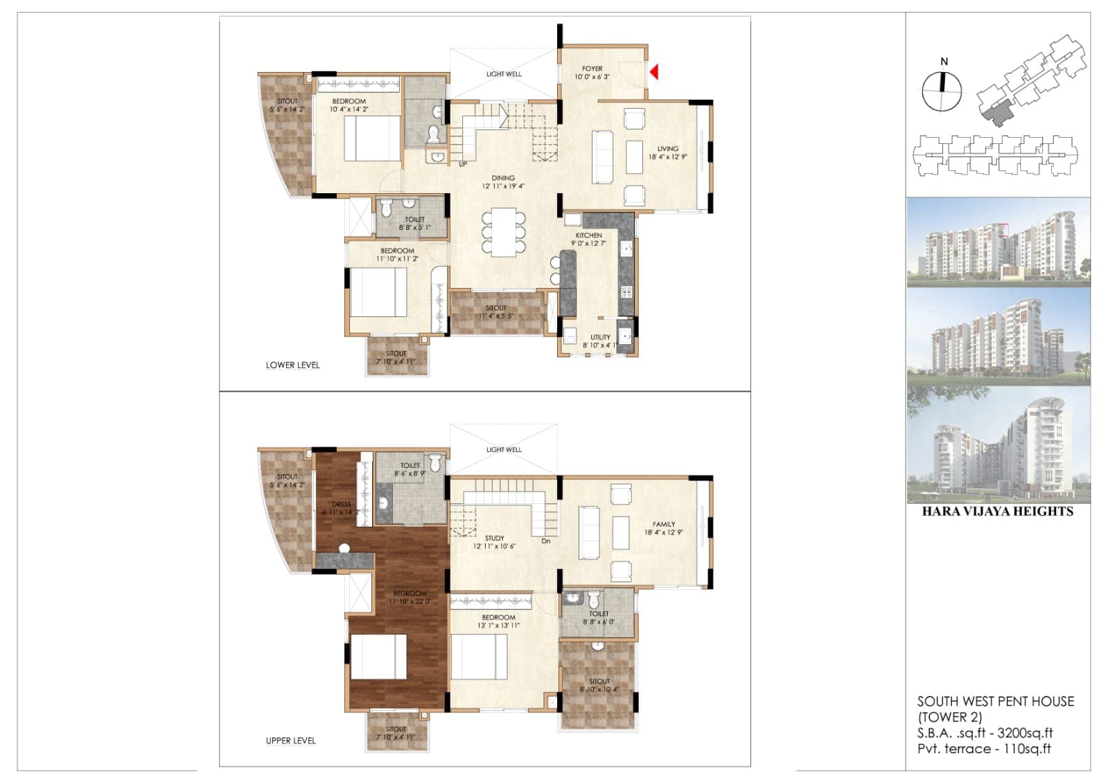 South west penthouse plan over two levels: lower level with living, dining, kitchen and two bedrooms; upper level with family room, study and two bedrooms