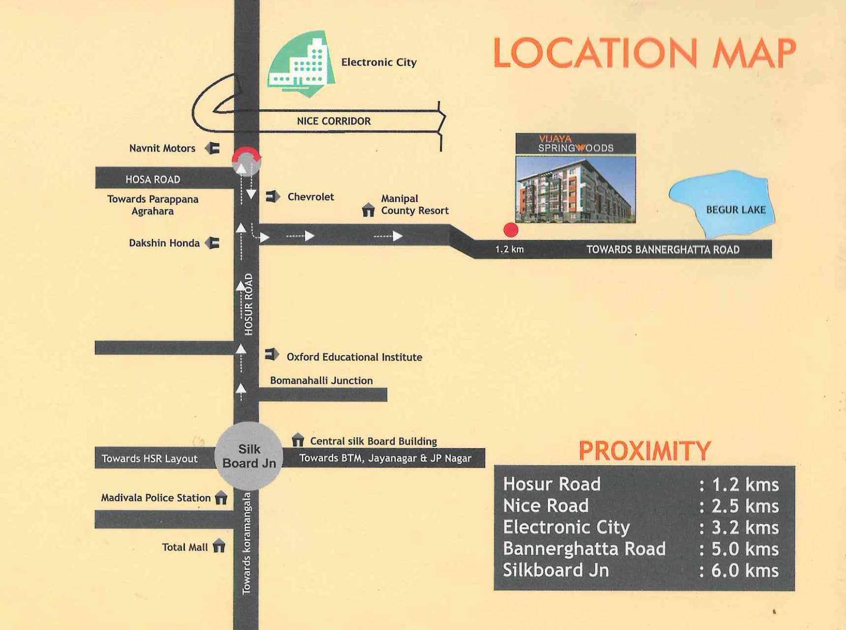 Location map placing the project off Hosur Road at Begur, 1.2 kilometres in from the Hosur Road junction near Manipal County Resort, with Silk Board, Electronic City and the NICE corridor marked and the distances to each listed