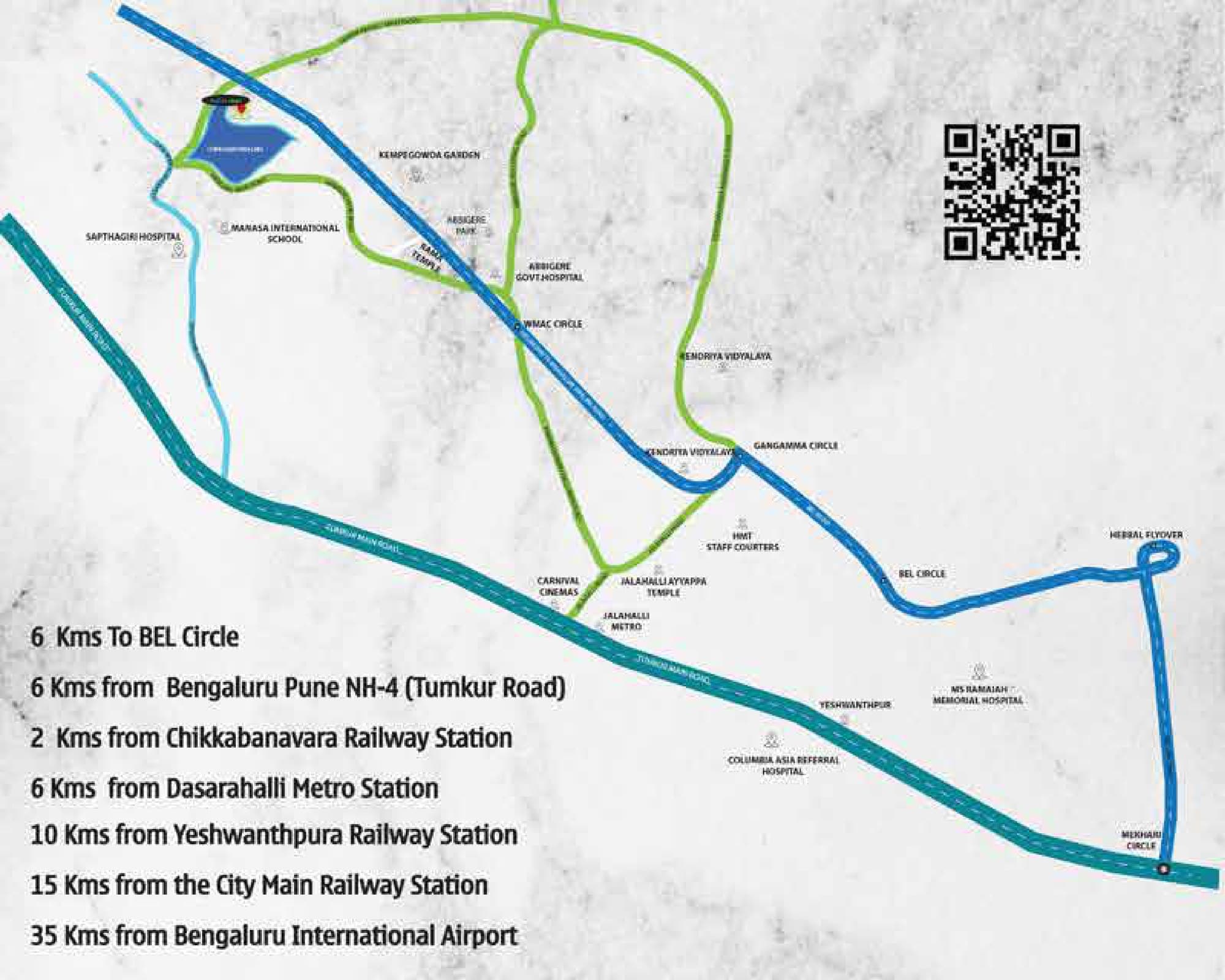 Location map placing the project north of the city, with distances to BEL Circle, Tumkur Road, Chikkabanavara and Yeshwanthpur stations, the Dasarahalli Metro and the airport
