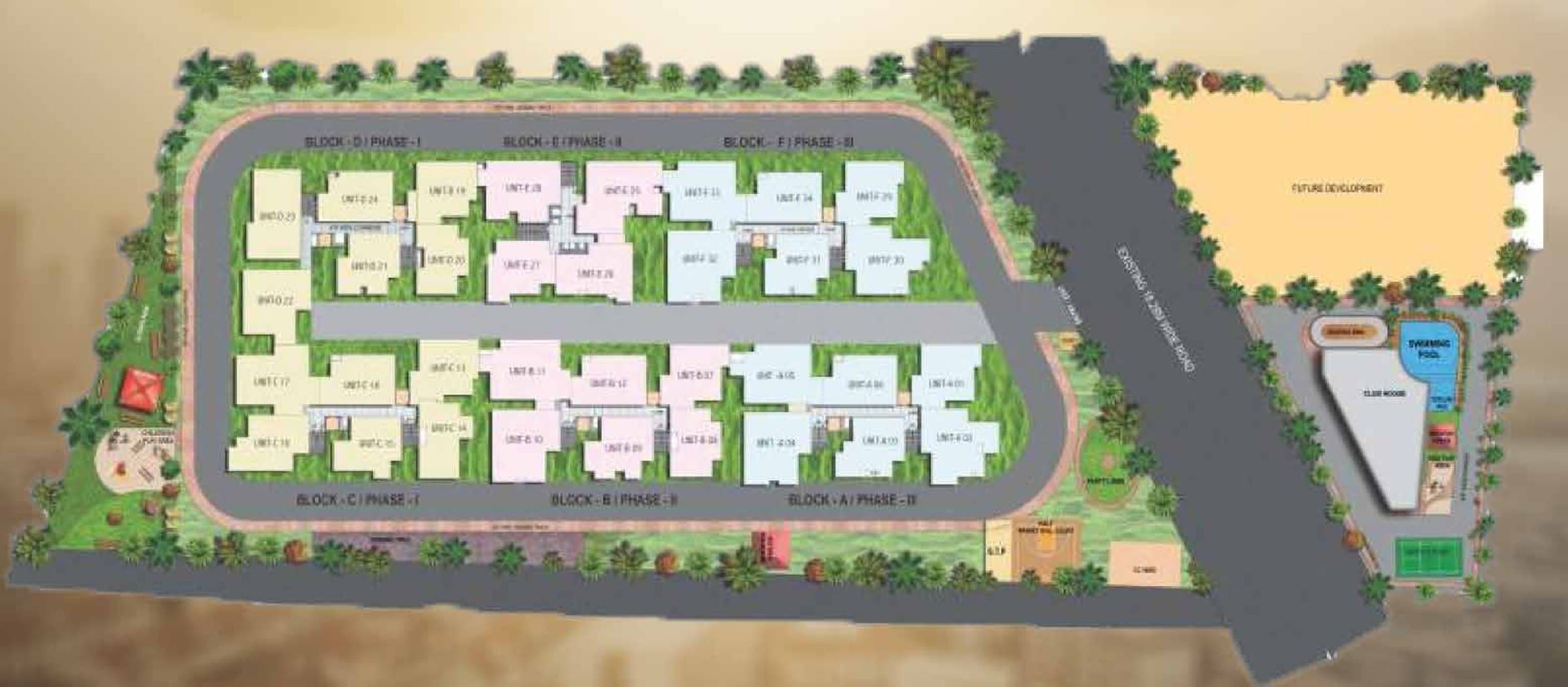 Master plan: blocks A to F in three phases around the internal road, the clubhouse and pool to the east, a children's play area to the west and land kept for future development