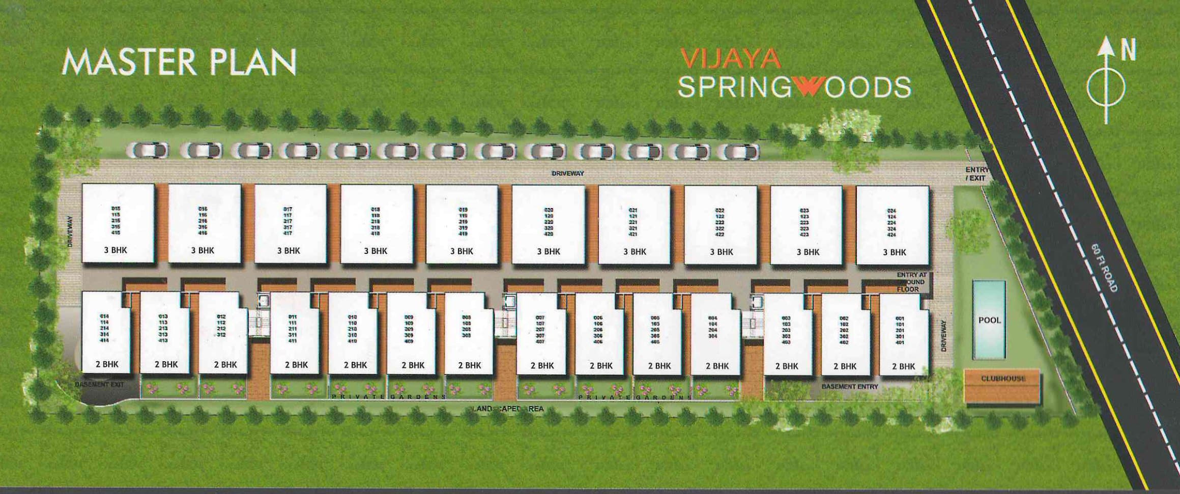 Master plan: a row of 3 BHK flats along the top and a row of 2 BHK flats along the bottom, either side of a central driveway, with parking along the boundary, the pool and clubhouse at the road end and the 60-foot road beside them