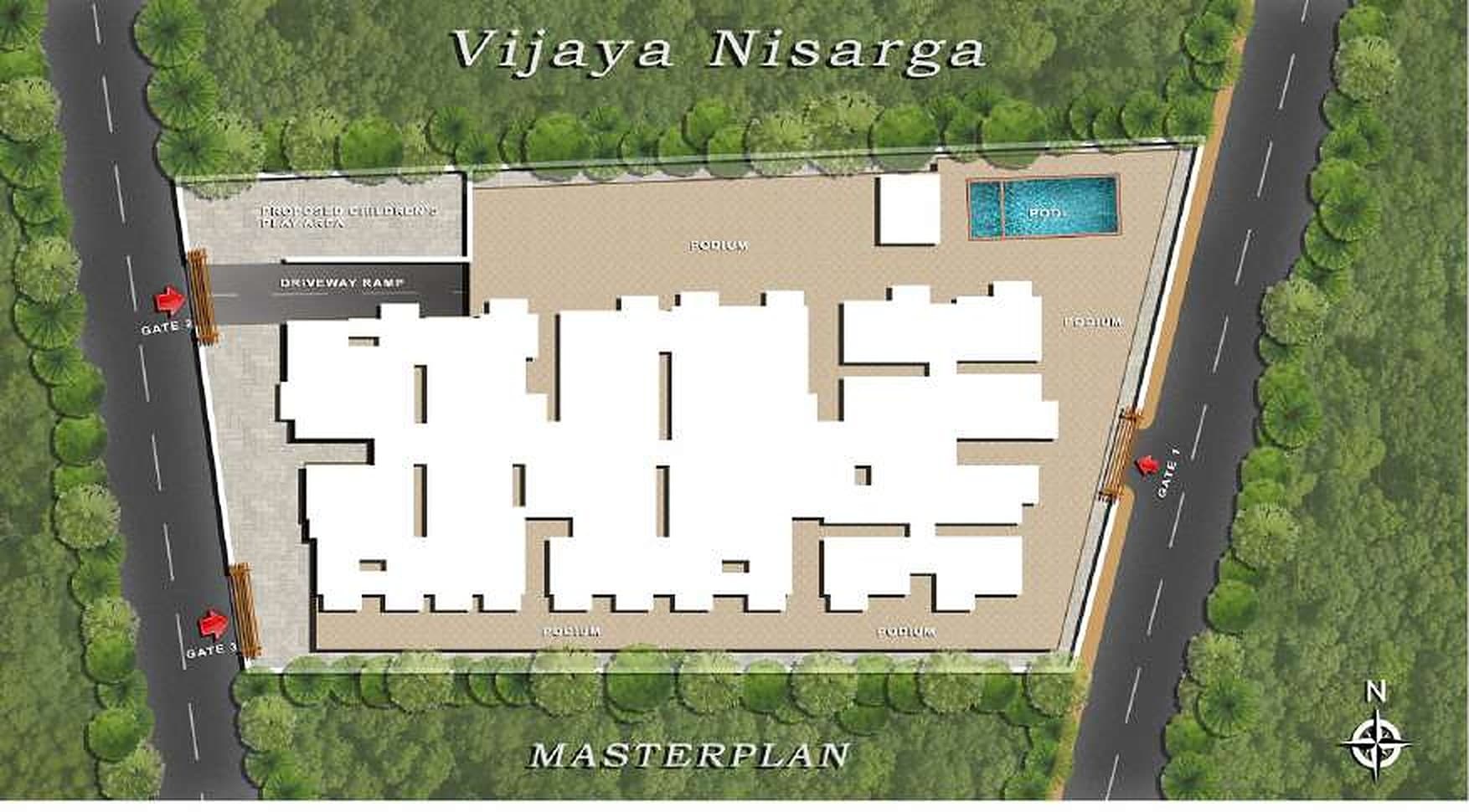 Master plan: the building across the middle of the plot on a podium, the pool at its north-east corner, a driveway ramp and a proposed children's play area at the north-west, and three gates off the roads either side