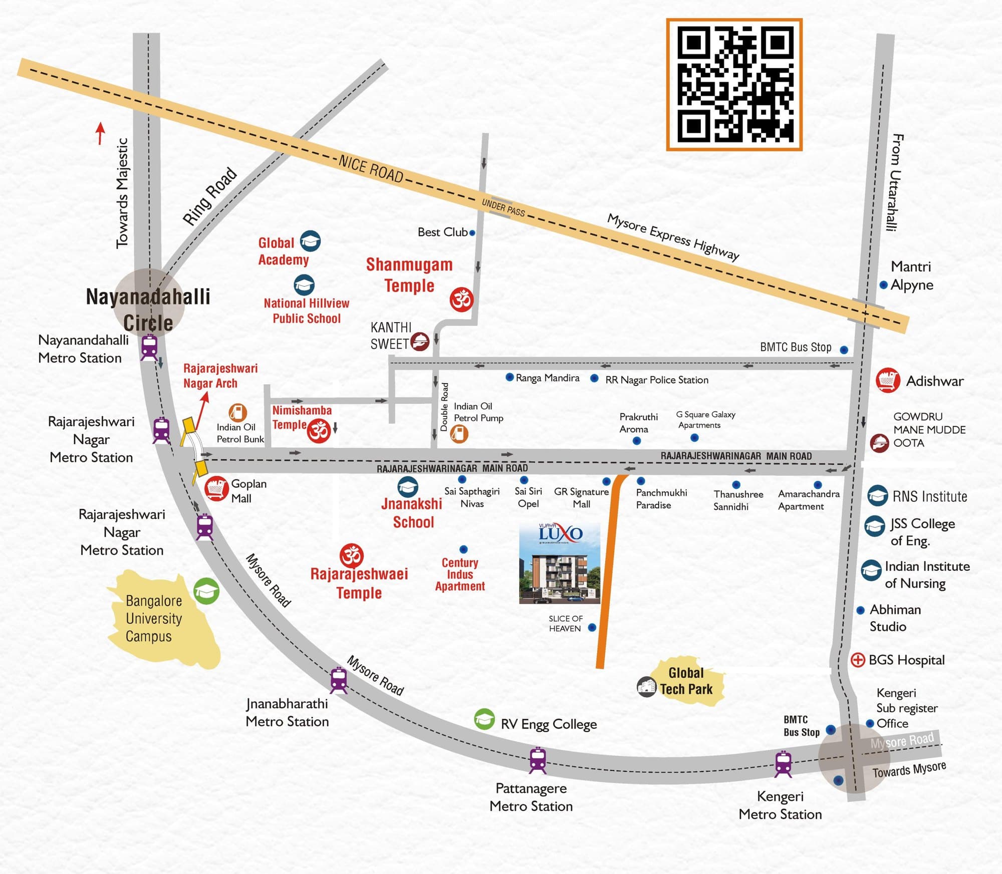 How to reach the project: the roads in from Nayandahalli Circle, Mysore Road and the NICE Road, with the Metro stations and landmarks around it