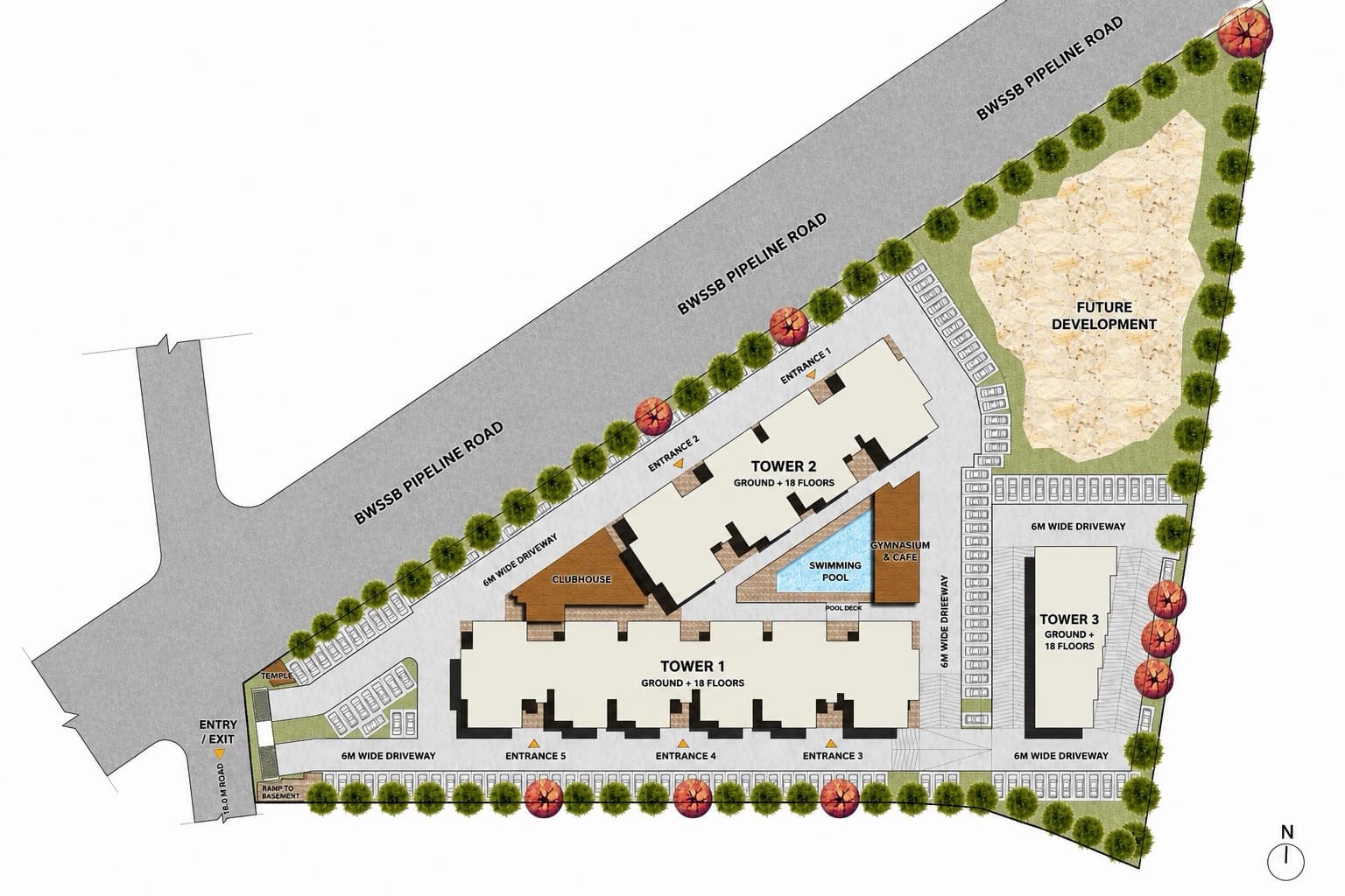 Site plan: three towers around the clubhouse, pool and gymnasium, with driveways and parking