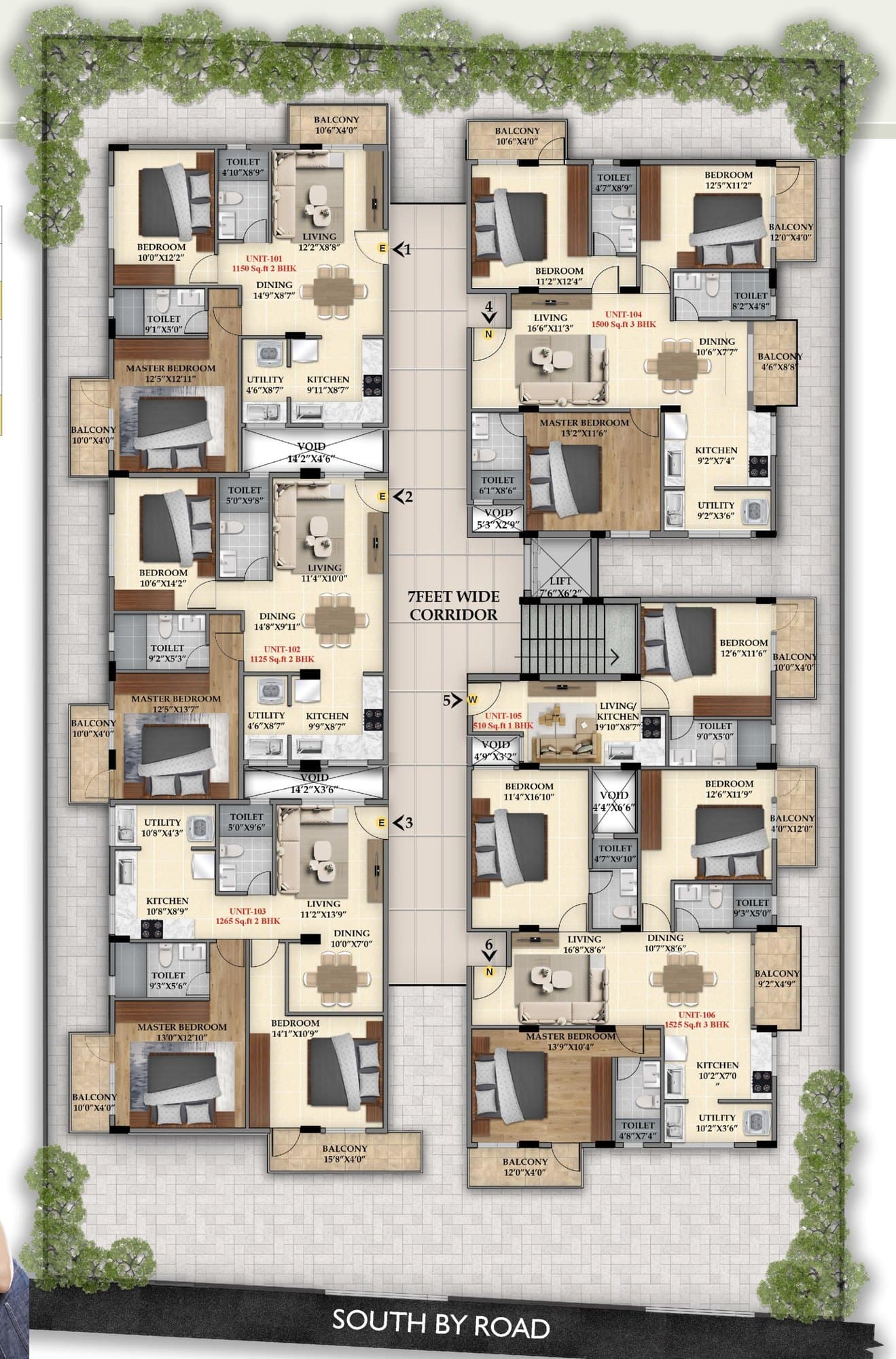 Typical floor plan: six units around a seven-foot corridor and the lift core, south by the road