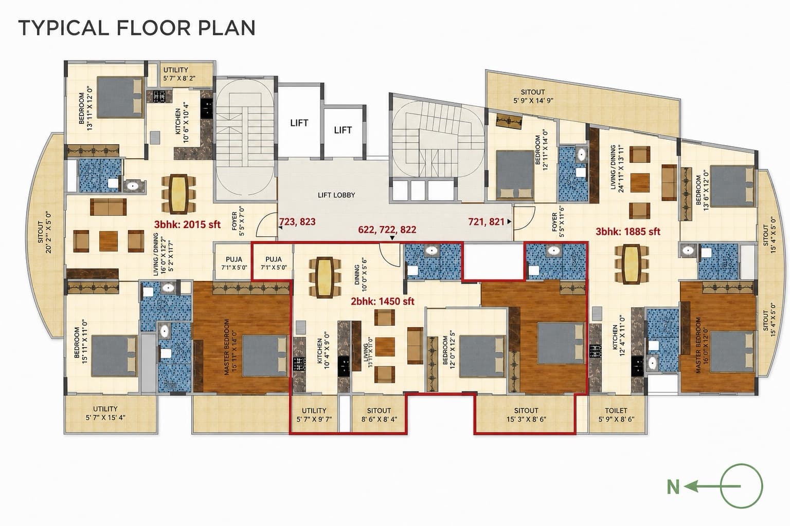Typical floor plan showing the 2 BHK at 1,450 sq ft and the 3 BHK units at 1,885 and 2,015 sq ft