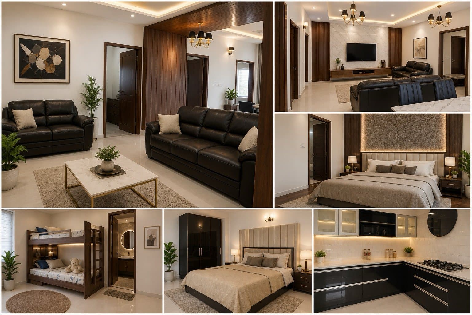 Interiors: living room with panelled feature wall, a bedroom, a children's room with bunk beds, and the kitchen