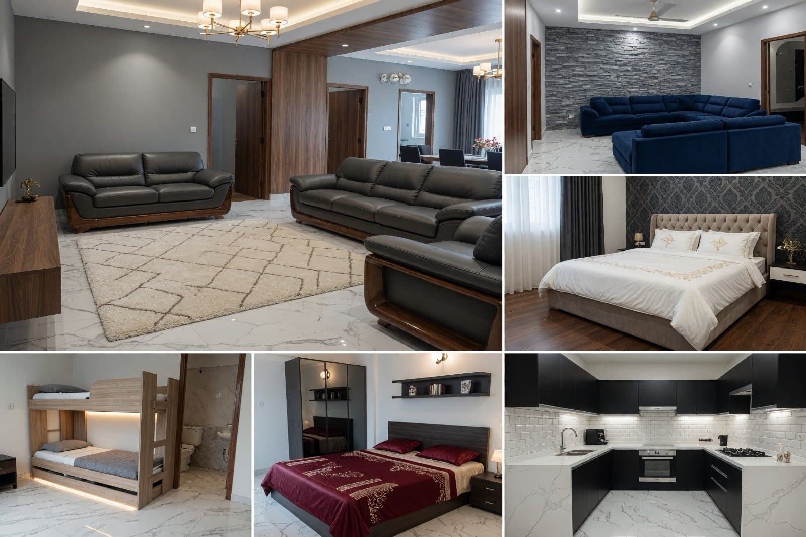 Further interiors: an open living and dining room, two bedrooms, a bunk room and a fitted kitchen