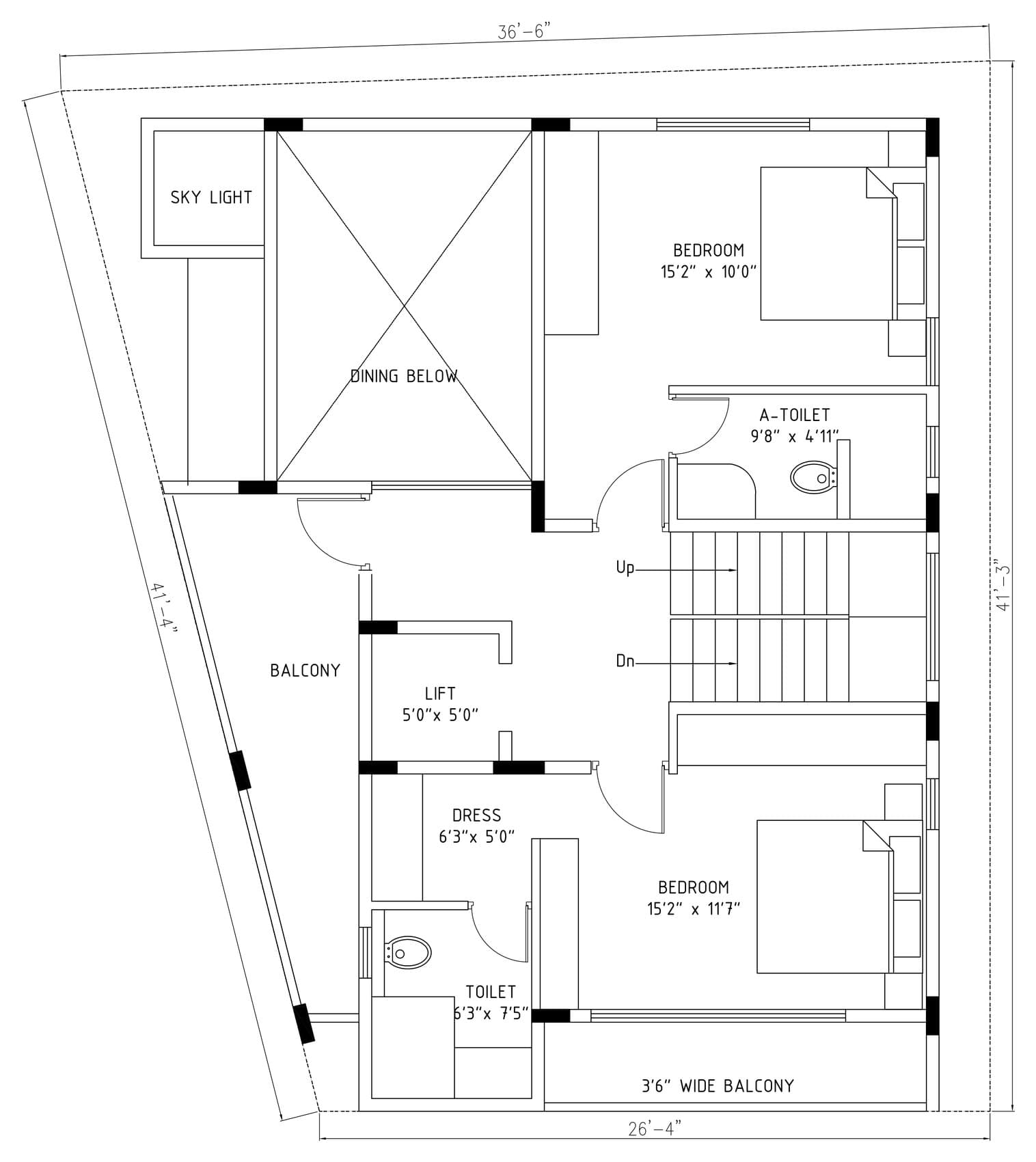 Second floor plan: two bedrooms with attached toilets, a dress area, two balconies, and the dining room below open to a sky light