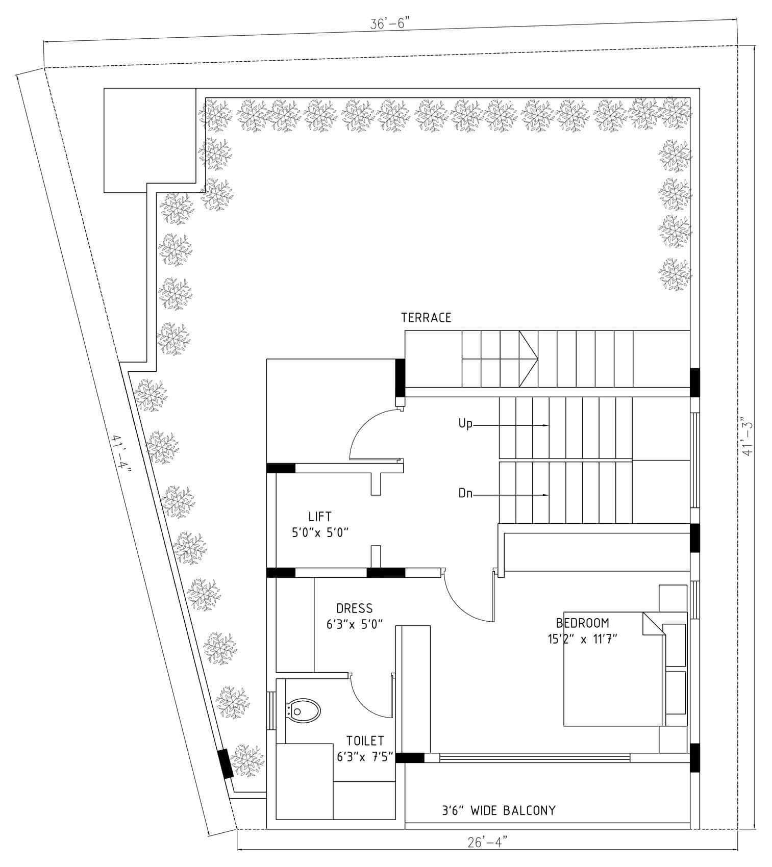 Third floor plan: a bedroom with dress area, toilet and balcony, and the planted terrace across the rear