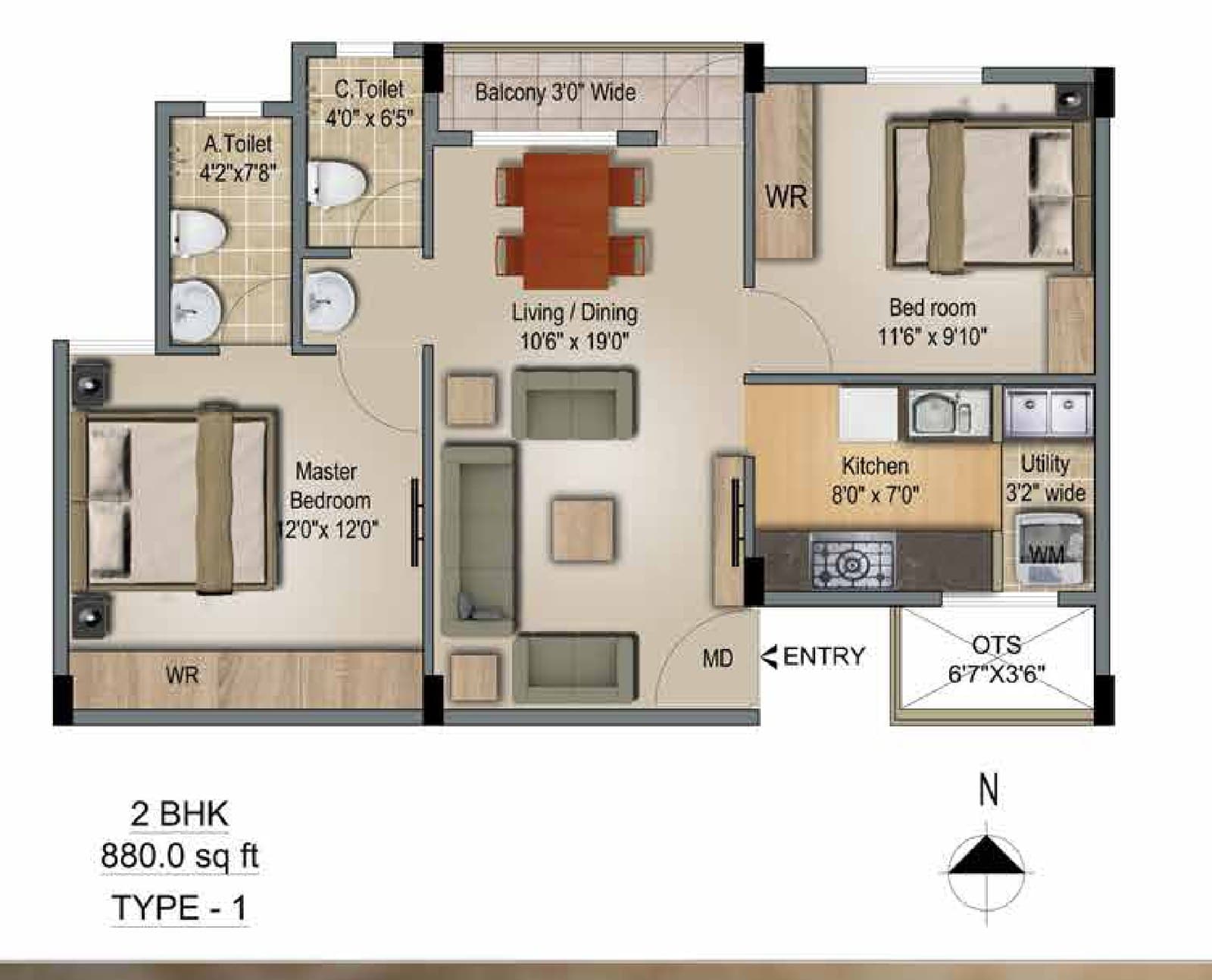 2 BHK type 1 unit plan of 880 square feet: master bedroom with an attached toilet, a second bedroom, a common toilet, living and dining with a balcony, kitchen, utility and an open-to-sky shaft