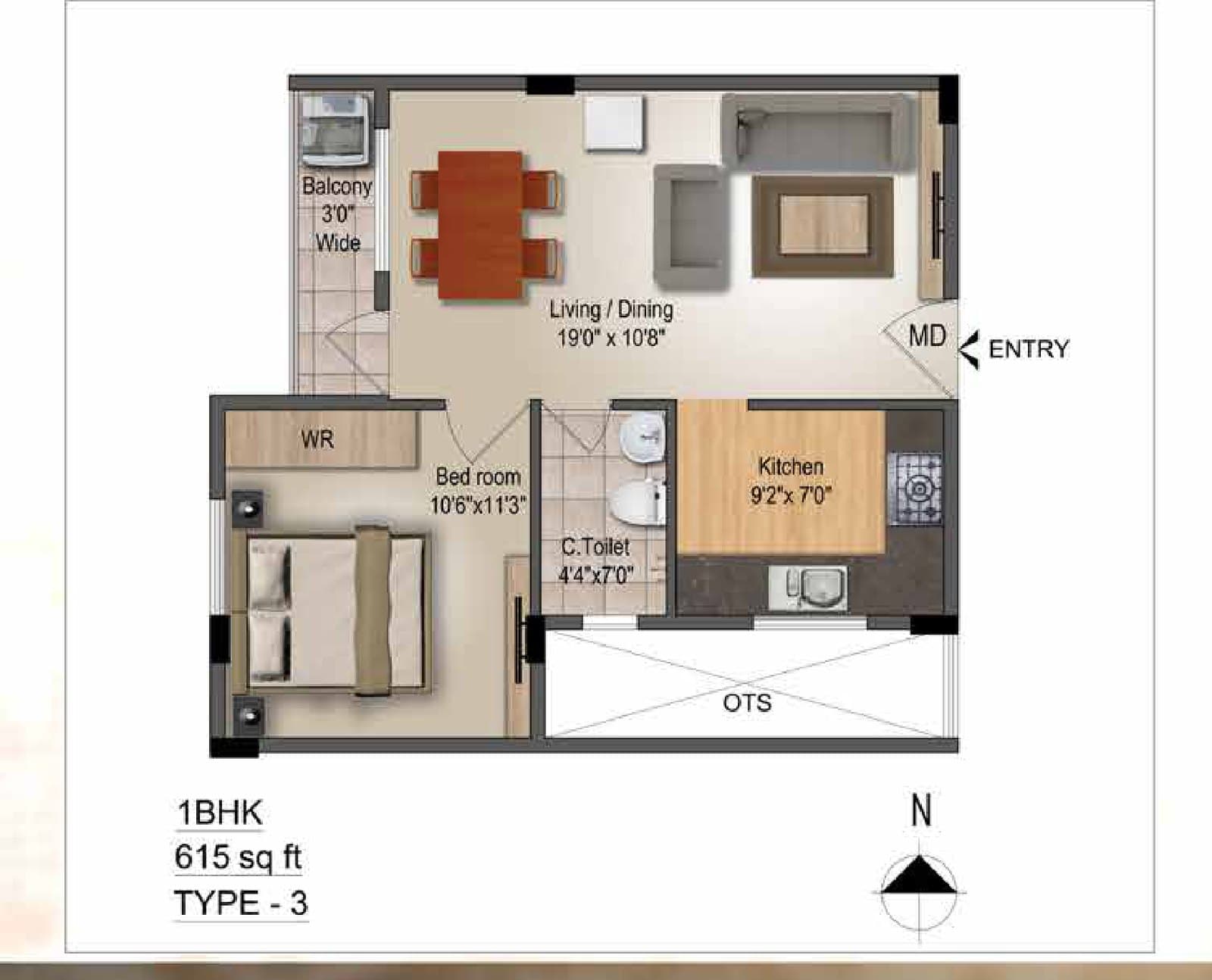 1 BHK type 3 unit plan of 615 square feet: a bedroom, a common toilet, living and dining with a balcony, kitchen, and an open-to-sky shaft