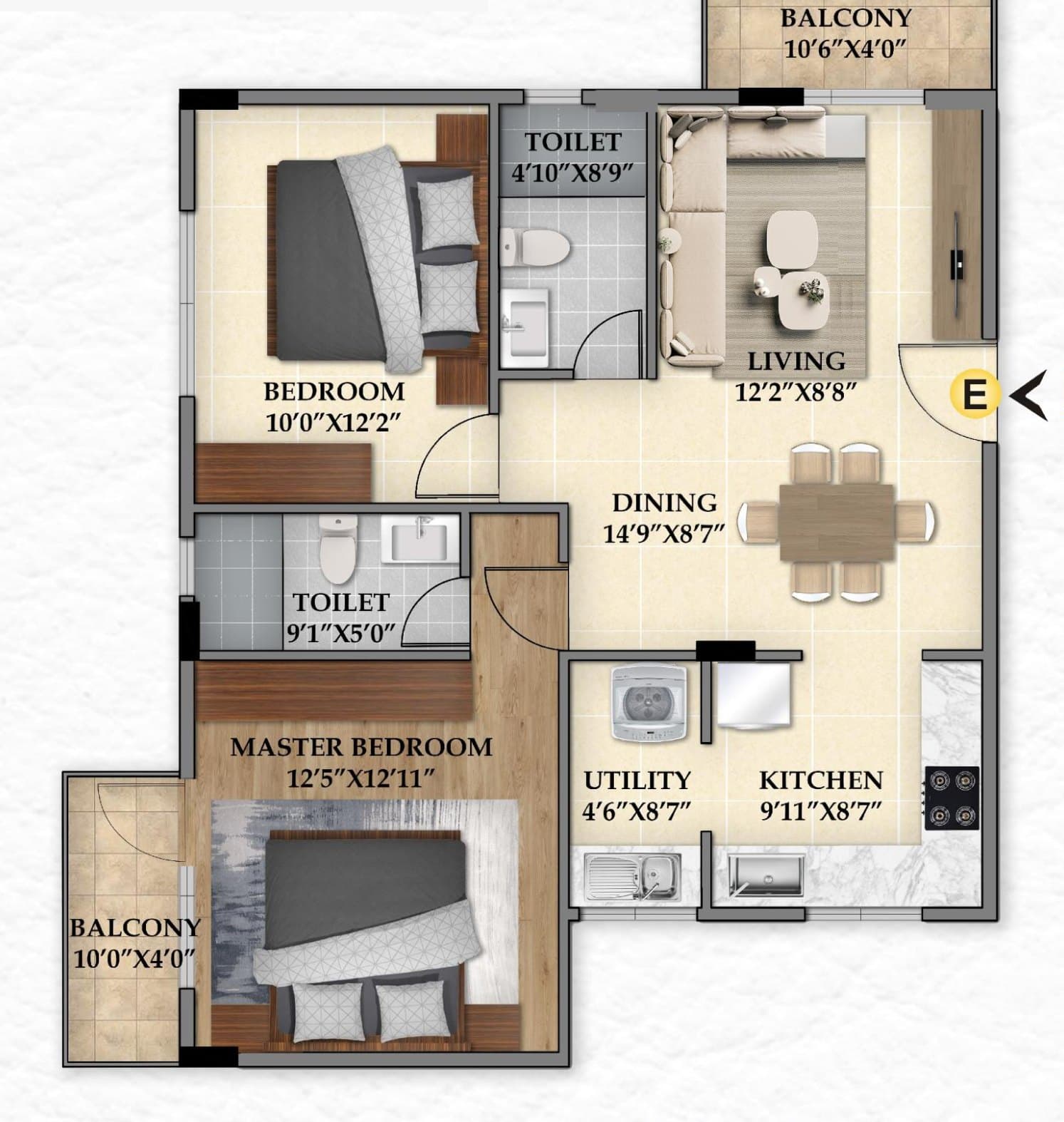 2 BHK east facing unit plan of 1,150 square feet: master bedroom with its own toilet and balcony, a second bedroom, a second toilet, living, dining, kitchen, utility and a balcony off the living room