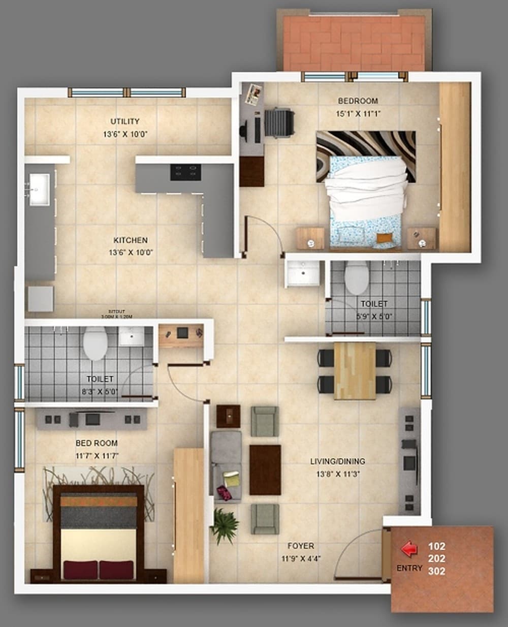2 BHK east entry plan of 1,175 square feet: the foyer opening into a living and dining room of 13 feet 8 by 11 feet 3, a bedroom of 15 feet 1 by 11 feet 1 with a sitout, a second bedroom of 11 feet 7 square, two toilets, and the kitchen and utility behind