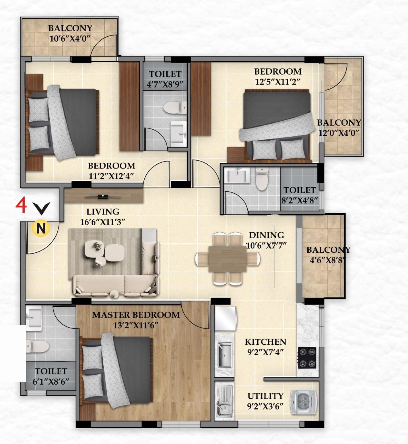 3 BHK north facing unit plan of 1,500 square feet: master bedroom with its own toilet, two further bedrooms each opening to a balcony, two more toilets, living, dining with a balcony, kitchen and utility