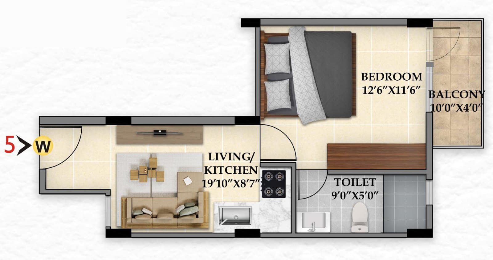 1 BHK west facing unit plan of 510 square feet: a bedroom with a balcony off it, one toilet, and a living room with the kitchen along one wall