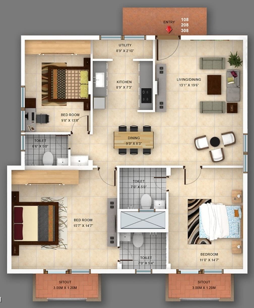 3 BHK north entry plan of 1,530 square feet: the entrance into a living room of 13 feet 1 by 19 feet 6, a dining area of 9 feet 3 by 8 feet 3, a galley kitchen and utility, three bedrooms, the largest 15 feet 7 by 14 feet 7, three toilets, and two sitouts across the back