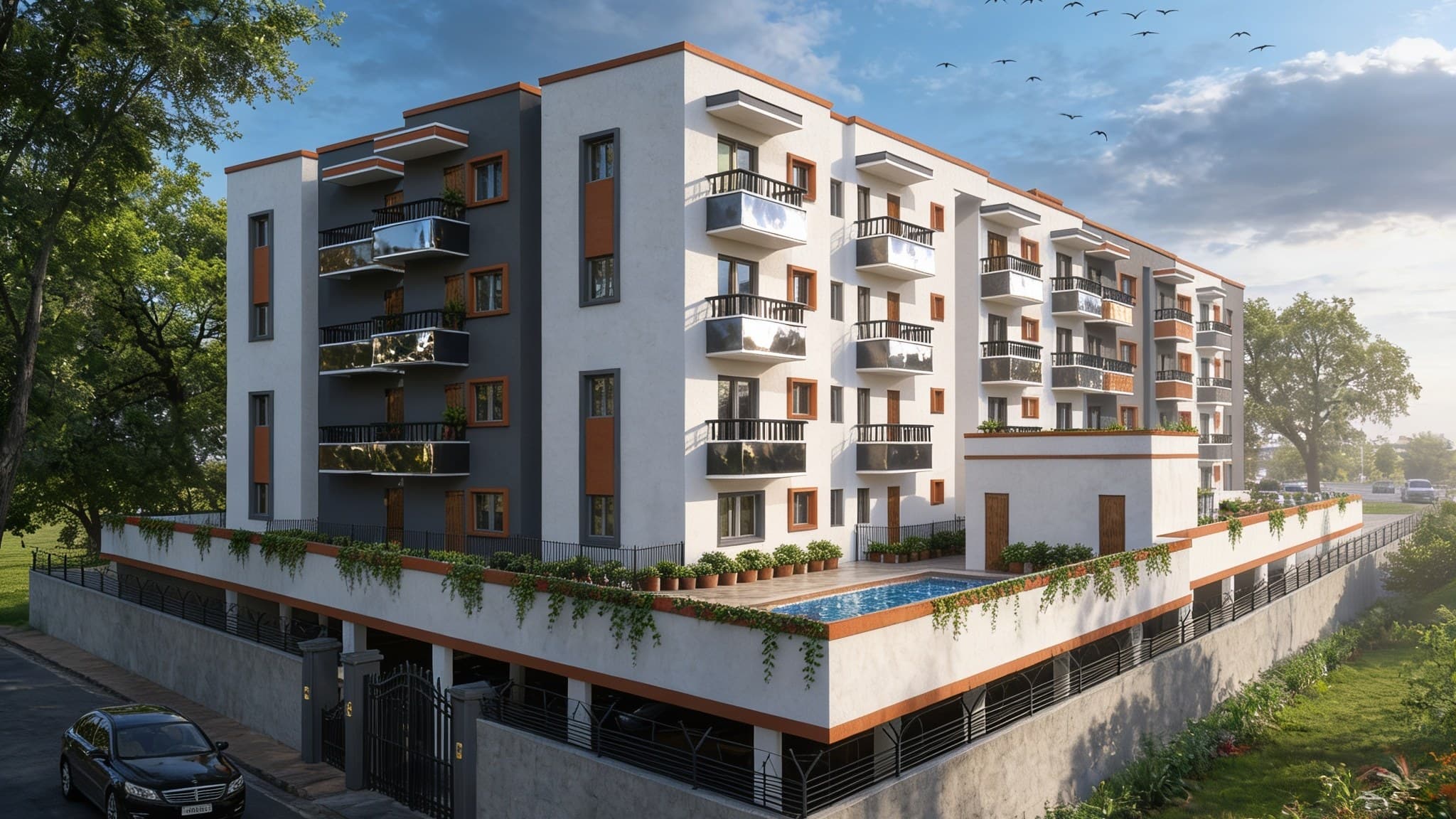 Vijaya Nisarga from the gate corner: a white and charcoal apartment block with orange trim and glass-fronted balconies over a walled podium, a pool on the podium deck with planters trailing over its edge, and a dark car on the road by the gate