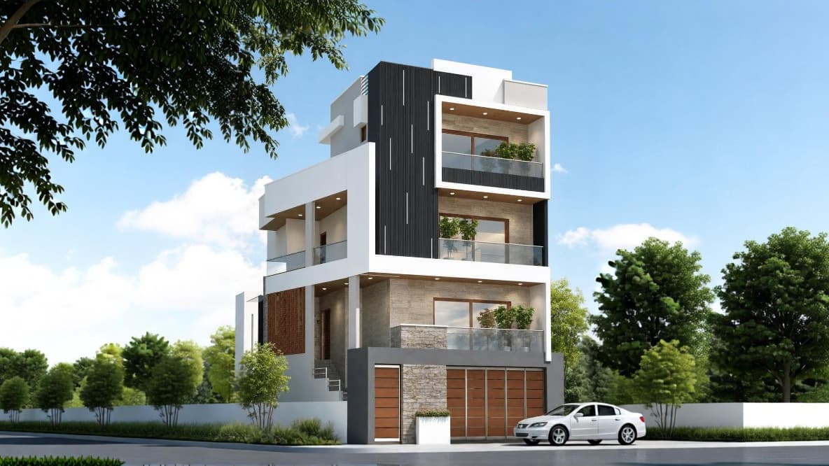 Architectural view of Villa Opia from the street: a four-storey villa in white with a charcoal slatted tower, stone cladding and timber garage doors, glass-railed balconies with plants, trees either side and a white car parked in front