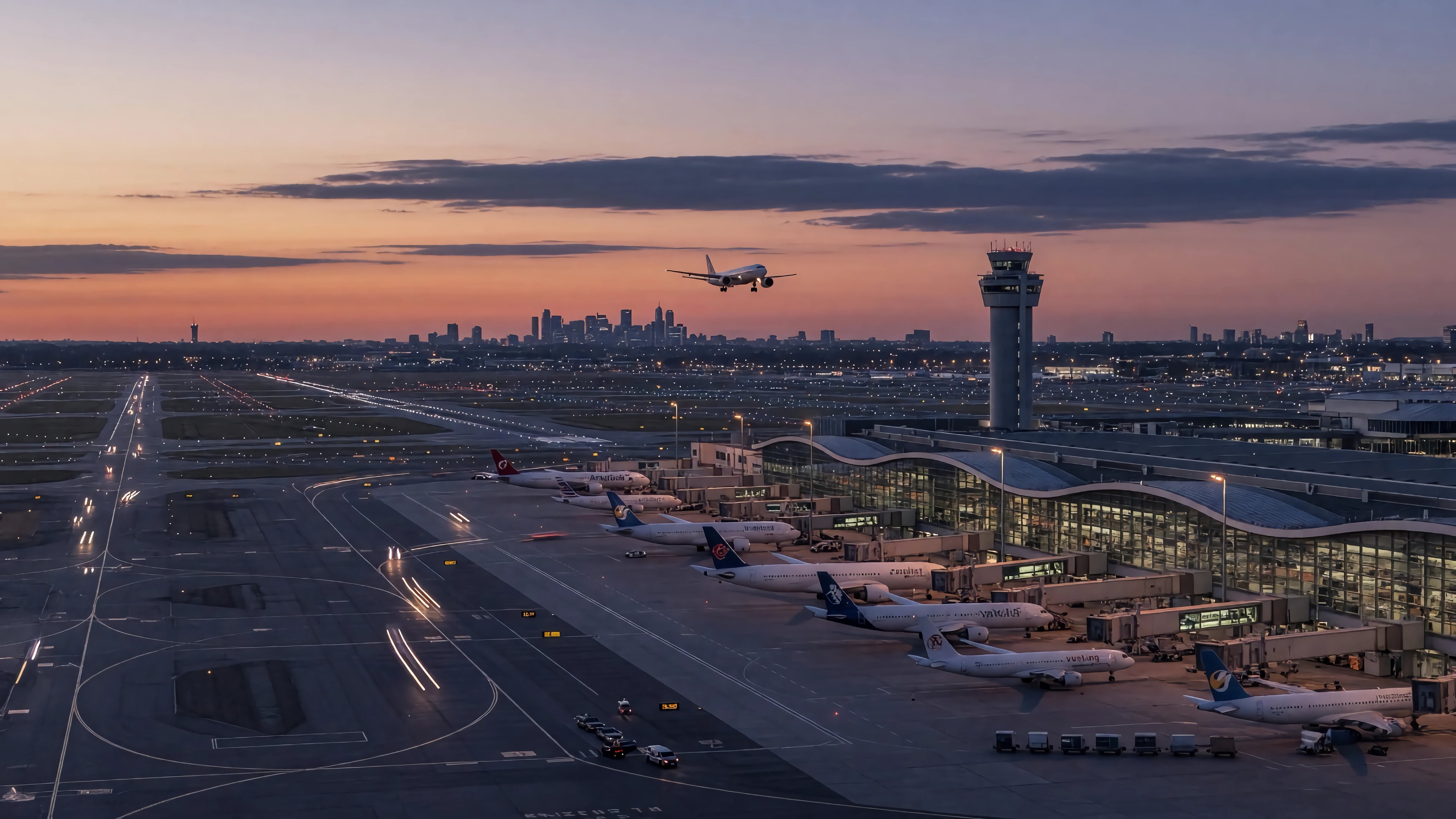 An airport at dusk from above: aircraft standing at the gates along a lit terminal, one on approach over the runways, and a city skyline on the horizon