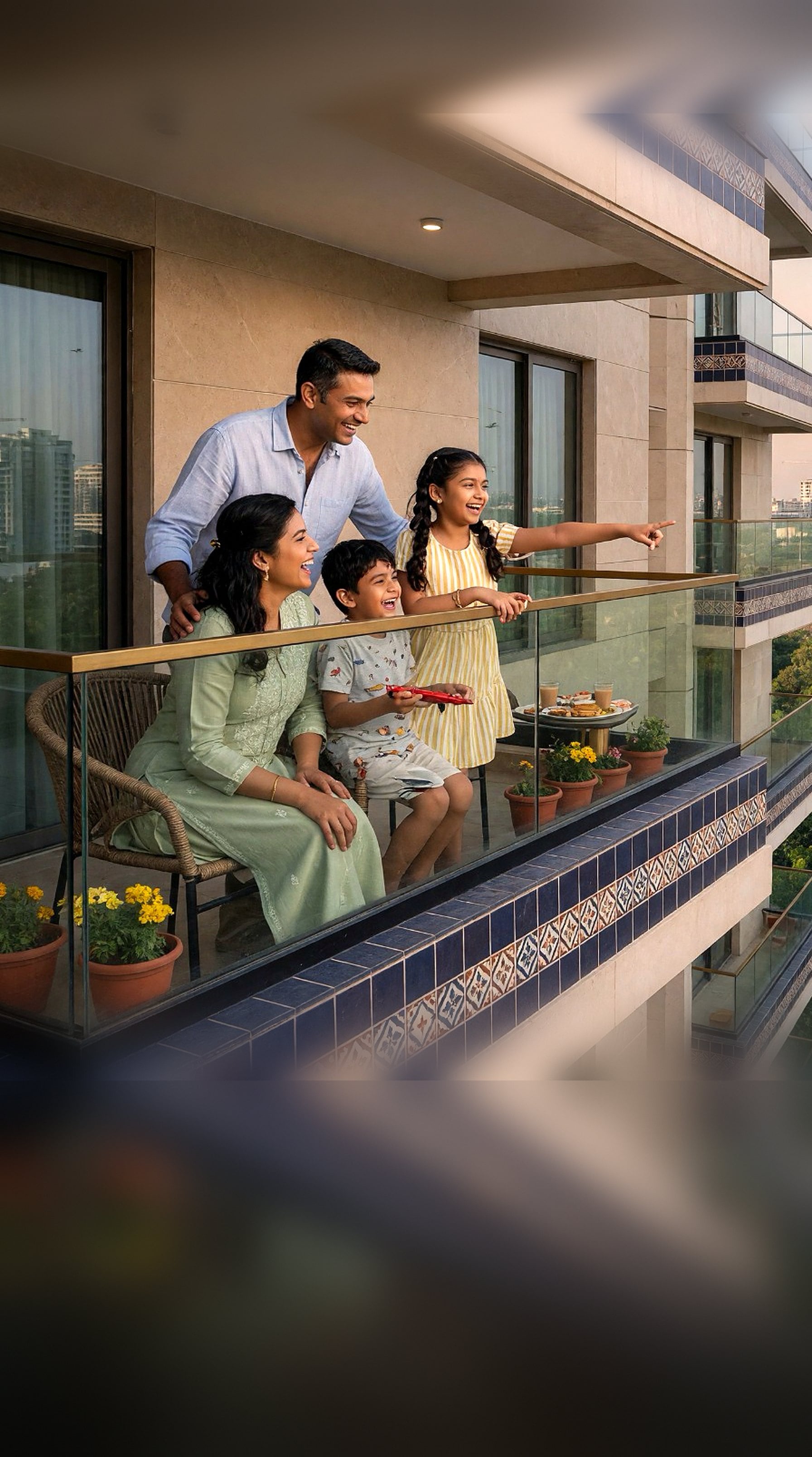 A family on their apartment balcony at dusk, looking out over tree cover and the city beyond