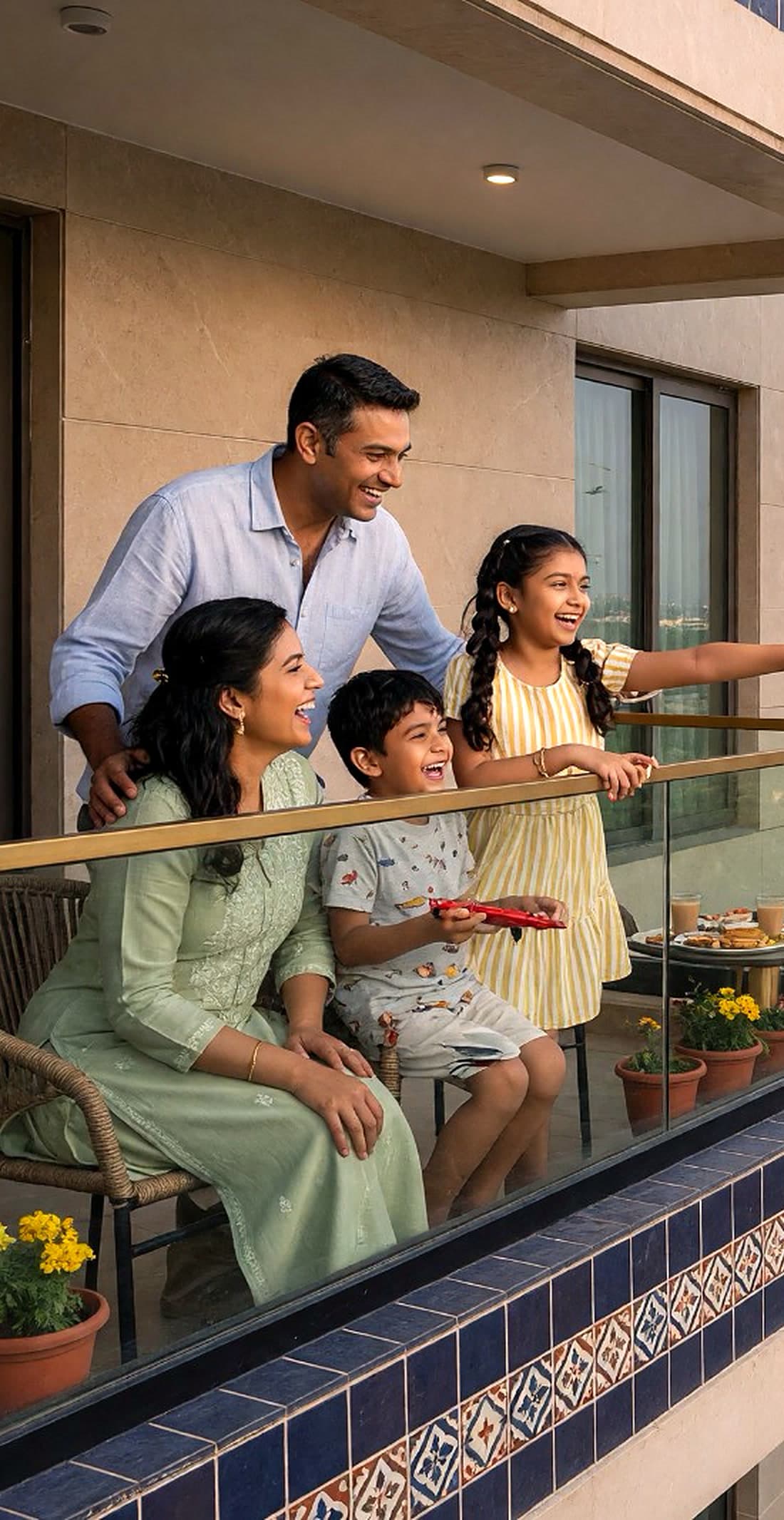 A family on their apartment balcony at dusk, looking out over tree cover and the city beyond