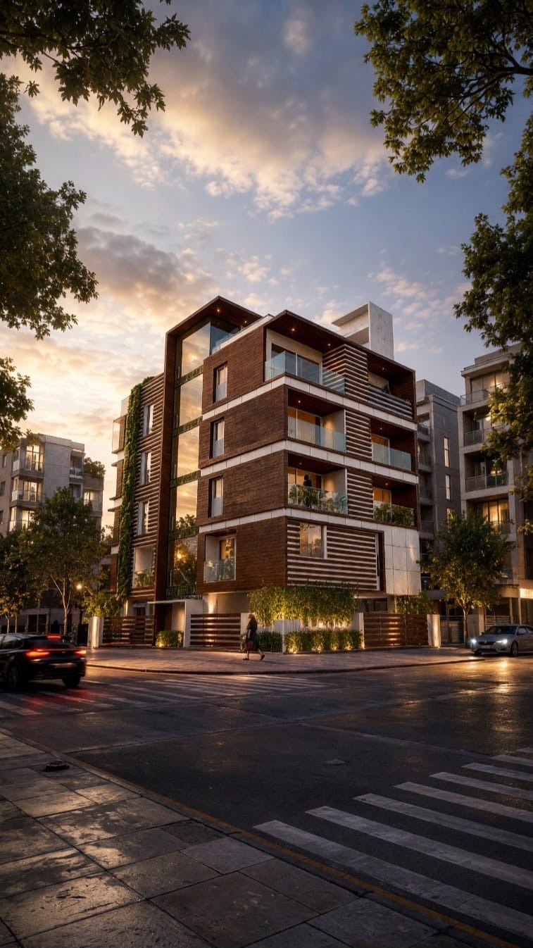 A completed commercial building on a city street, its offices lit behind the glazing and traffic passing in front