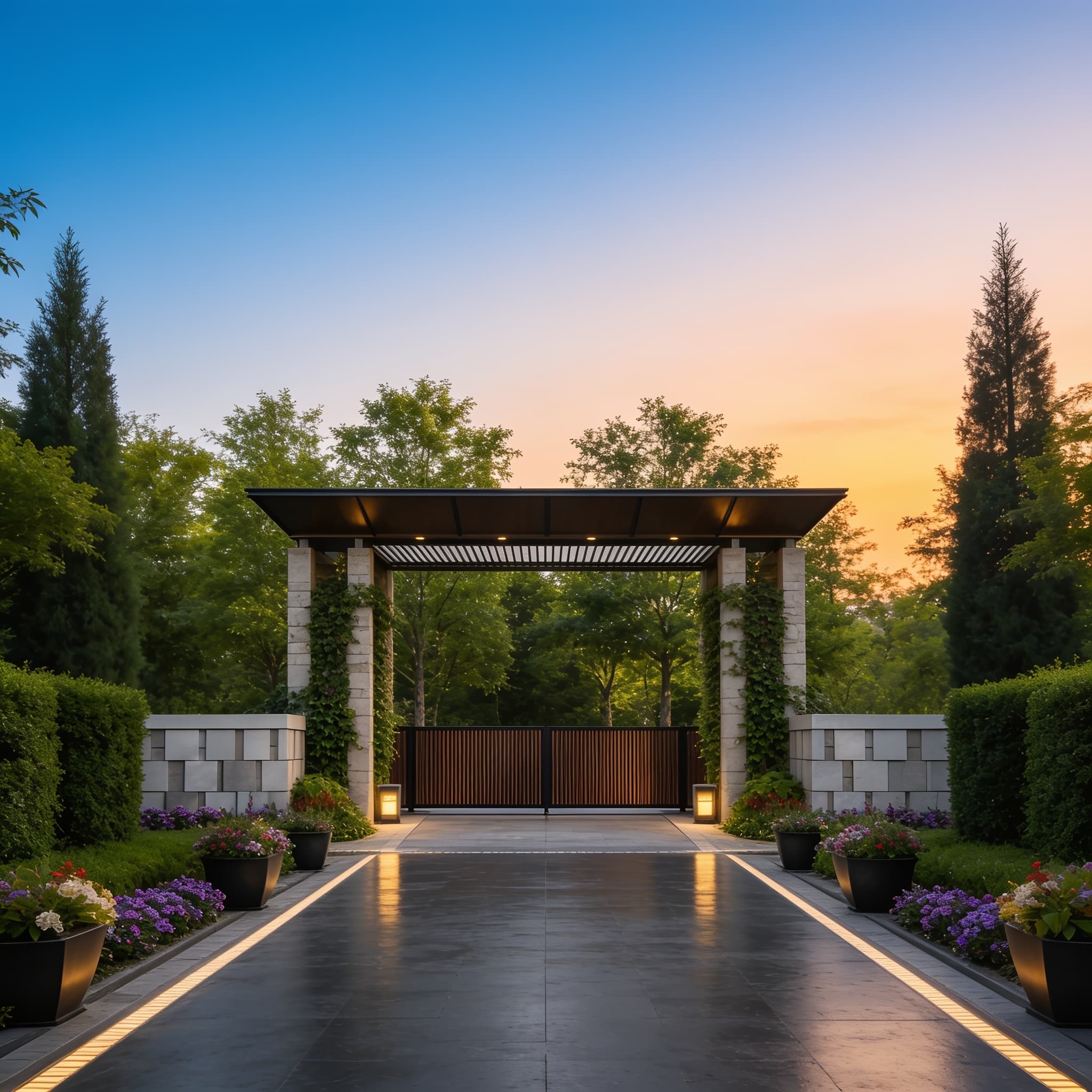 A gated entrance under a timber-slatted canopy on stone pillars, trees behind and planting at its foot