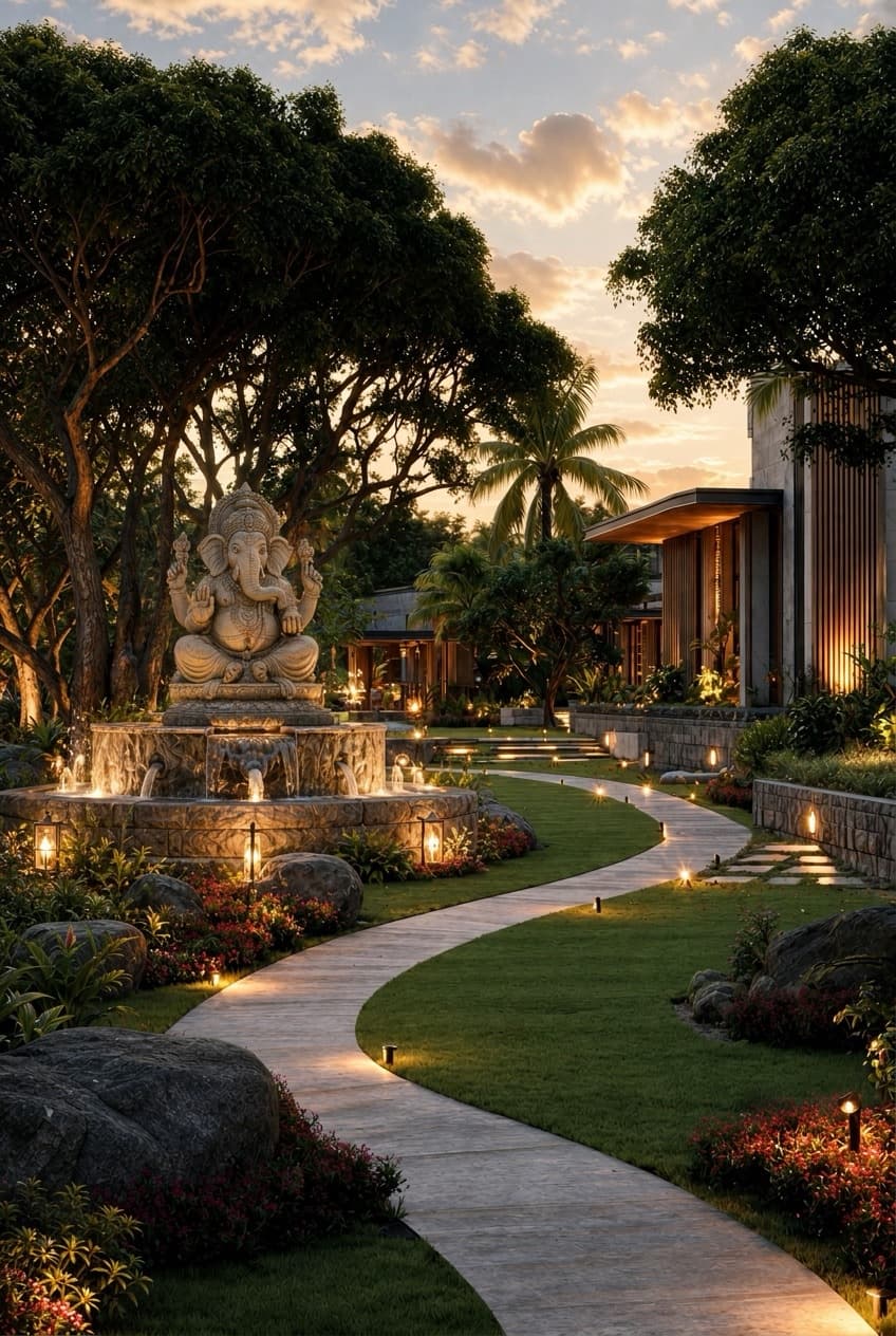 A lit stone path curving through a landscaped garden at sunset, a Ganesha shrine on a fountain plinth under the trees and a lamp-lit residence beyond
