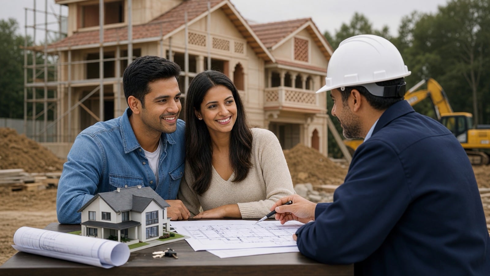 A couple and a site engineer at a table on site, reading the drawings together with a model of the house in front of them and the building going up behind