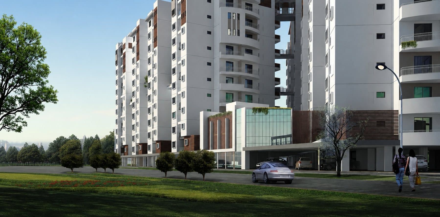 Architectural view of Hara Vijaya Heights, with the tree-lined approach to the entrance lobby