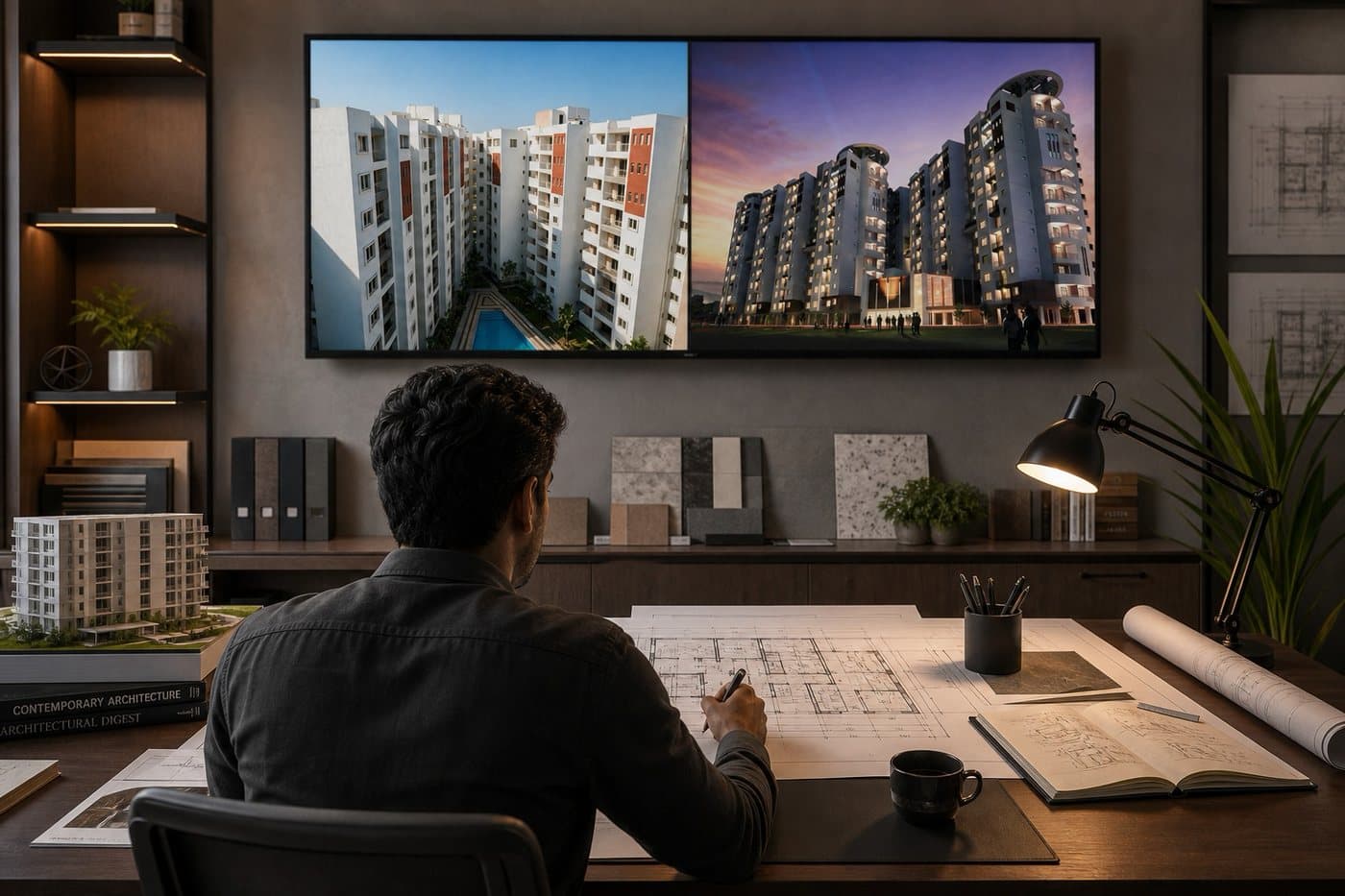 An architect at a drawing board, reviewing elevations of the development on screen