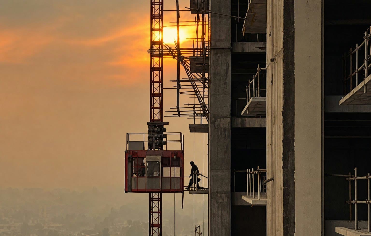 A worker stepping off a construction hoist onto the slab of a rising concrete tower, the sun setting behind the mast